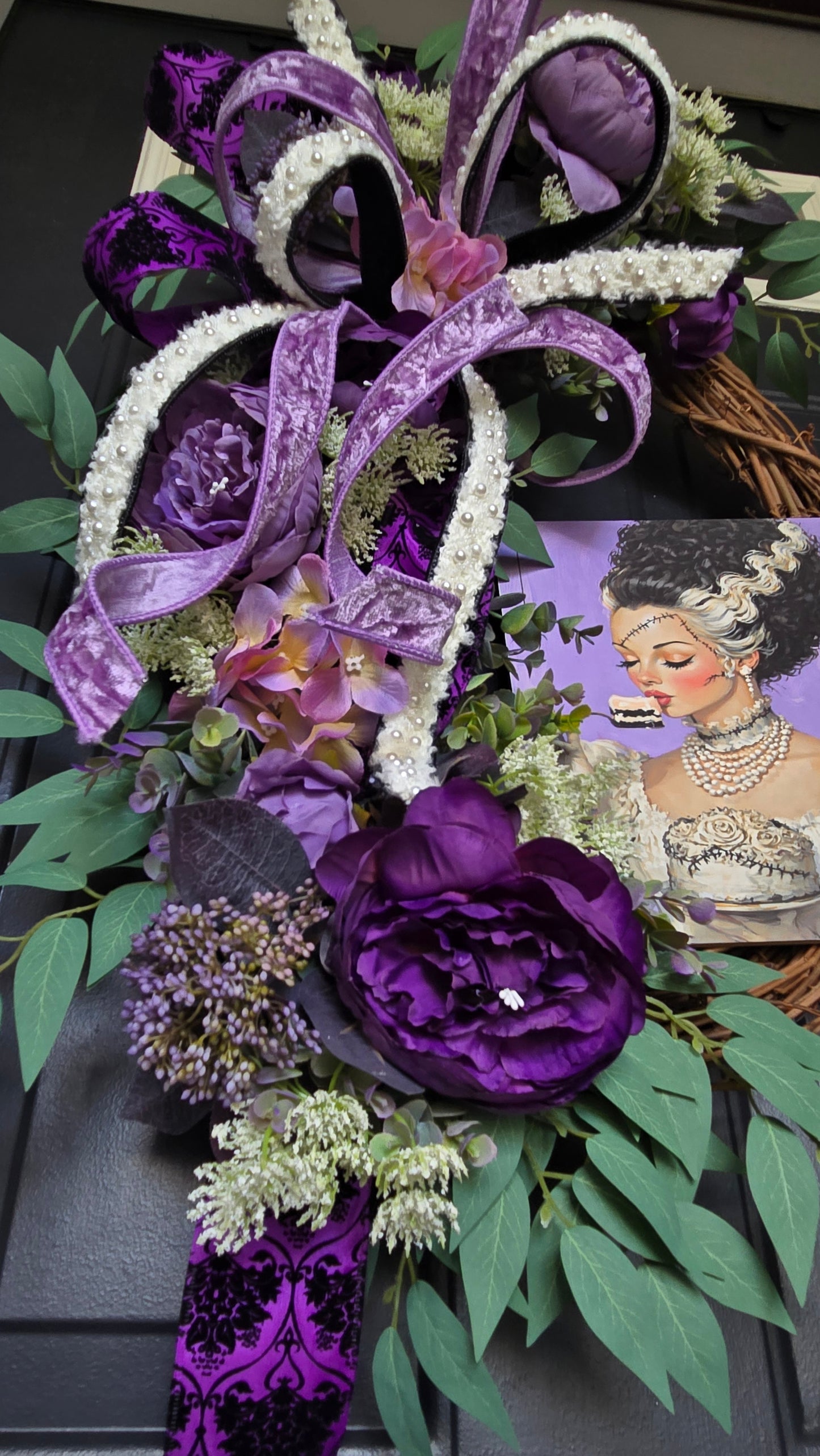 Glam Romantic Bride - Purple Floral Grapevine Wreath with Velvet Ribbon & Gothic Art Accent