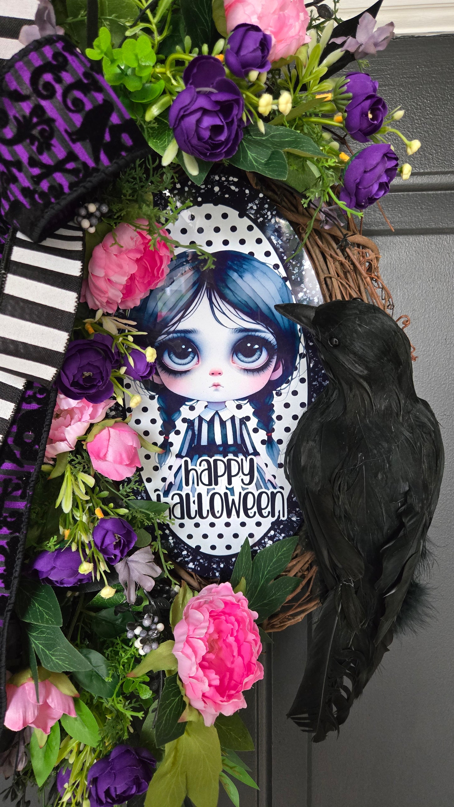 Happy Halloween Girl Wreath | Raven Halloween Door Decor with Peonies, Ranunculus & Black Foliage
