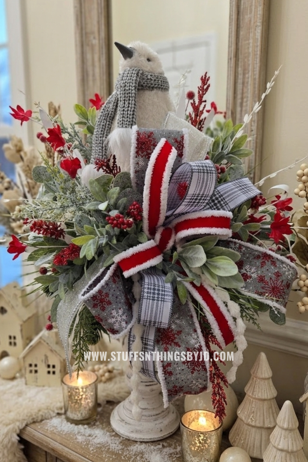 Winter Penguin Christmas Candlestick Centerpiece | Elegant Red, White & Silver Holiday Table Decor