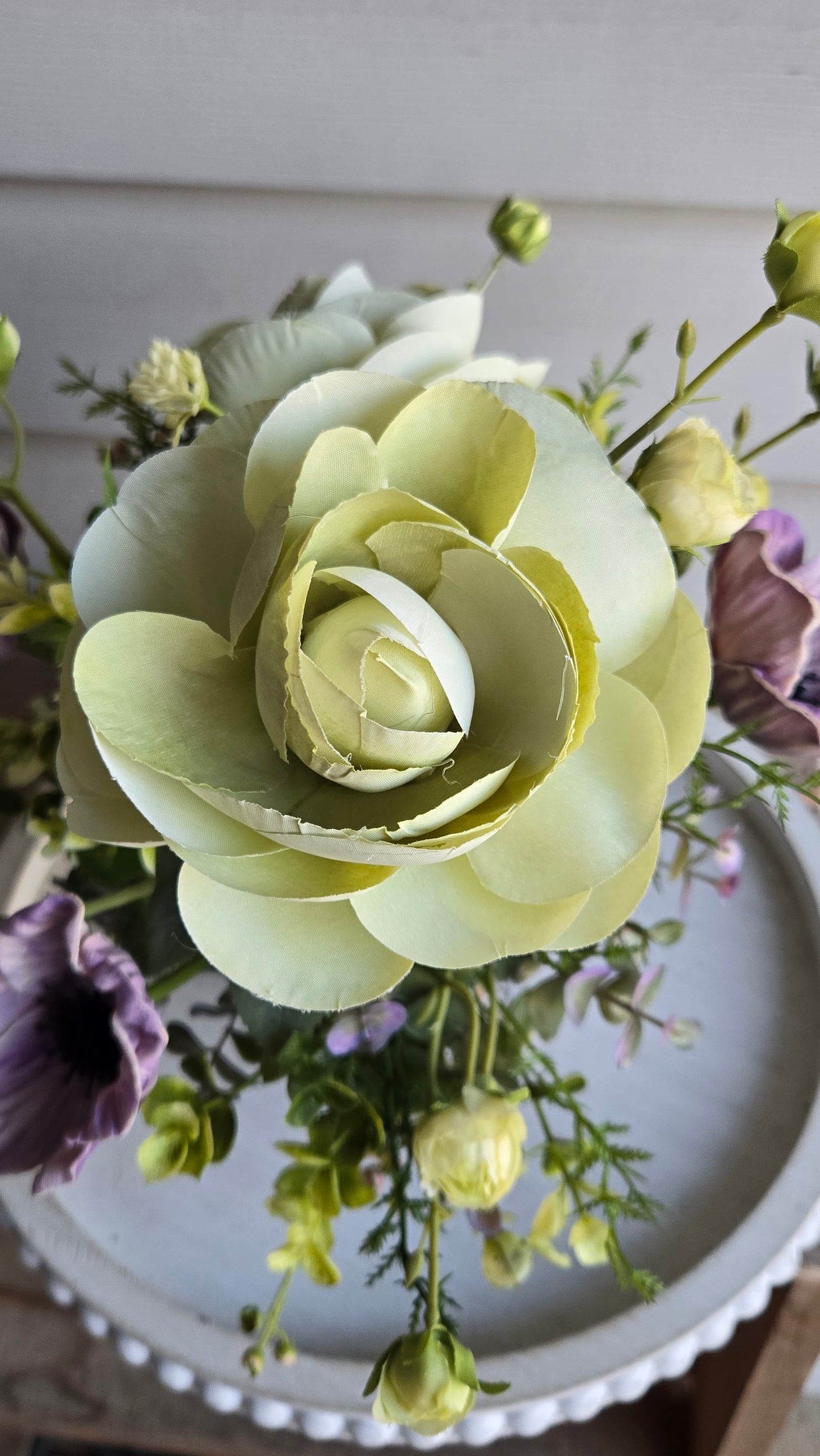 Vintage Ewer Floral Arrangement with Sage Green Ranunculus & Lavender Anemones