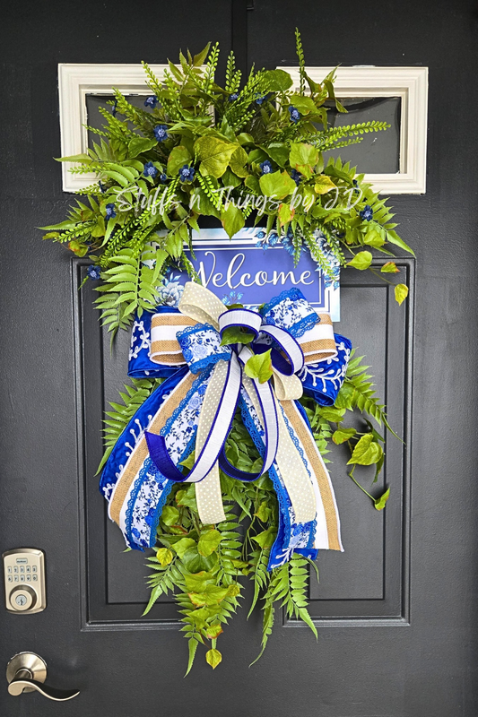 Chinoiserie Welcome Wreath | Everyday Greenery Door Wreath | Farmhouse Front Door Decor | All Season Fern Wreath with Bow