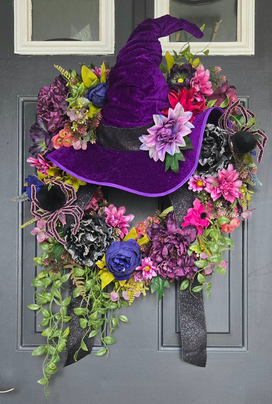 Halloween Wreath – Witch Hat Floral Grapevine Door Decor with Velvet Hat, Spiders, and Fall Blooms