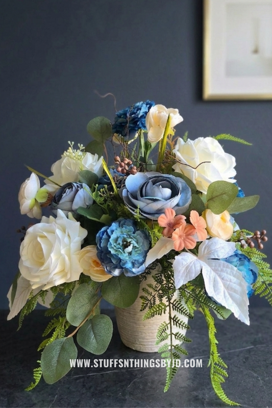 Blue Ranunculus & Cream Rose Floral Arrangement in Ceramic Planter | 16" Luxury Centerpiece