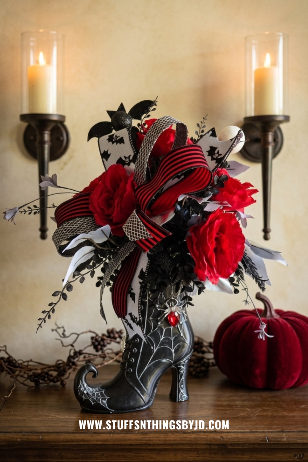 Whimsical Witch Boot Floral Arrangement | Gothic Halloween Centerpiece with Red Roses & Bats