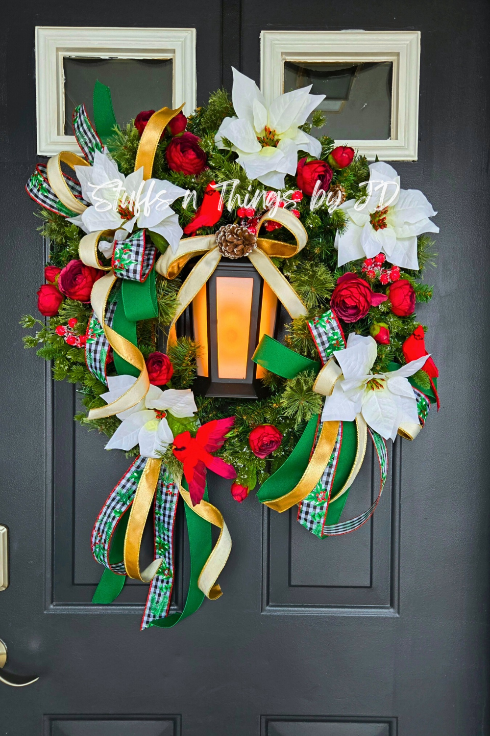 Lantern Christmas Wreath with Lights – Red & White Poinsettia Wreath