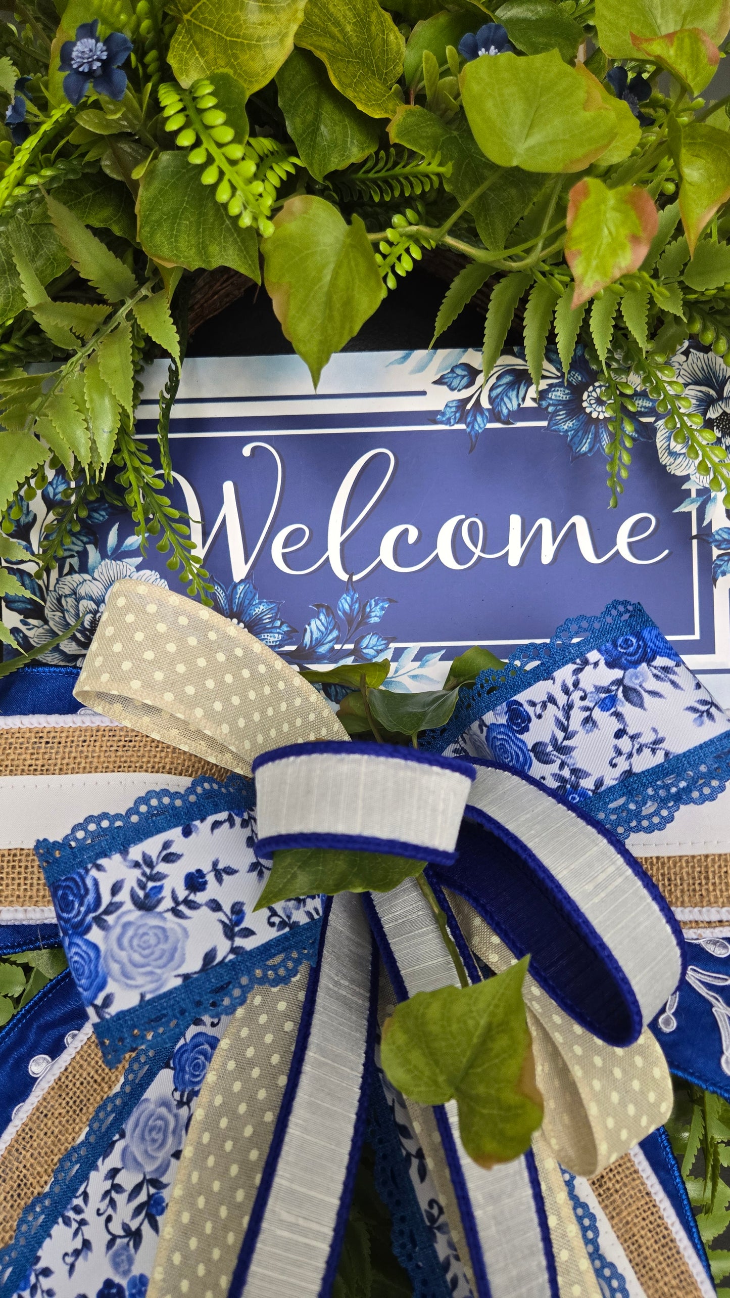 Chinoiserie Welcome Wreath | Everyday Greenery Door Wreath | Farmhouse Front Door Decor | All Season Fern Wreath with Bow