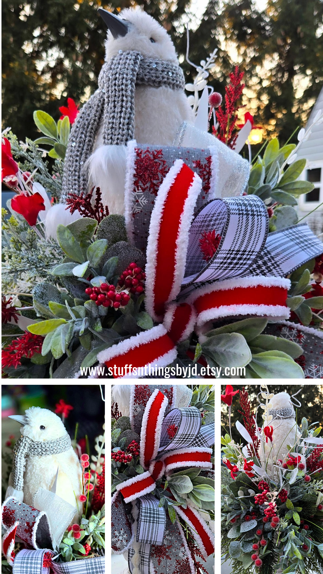 Winter Penguin Christmas Candlestick Centerpiece | Elegant Red, White & Silver Holiday Table Decor