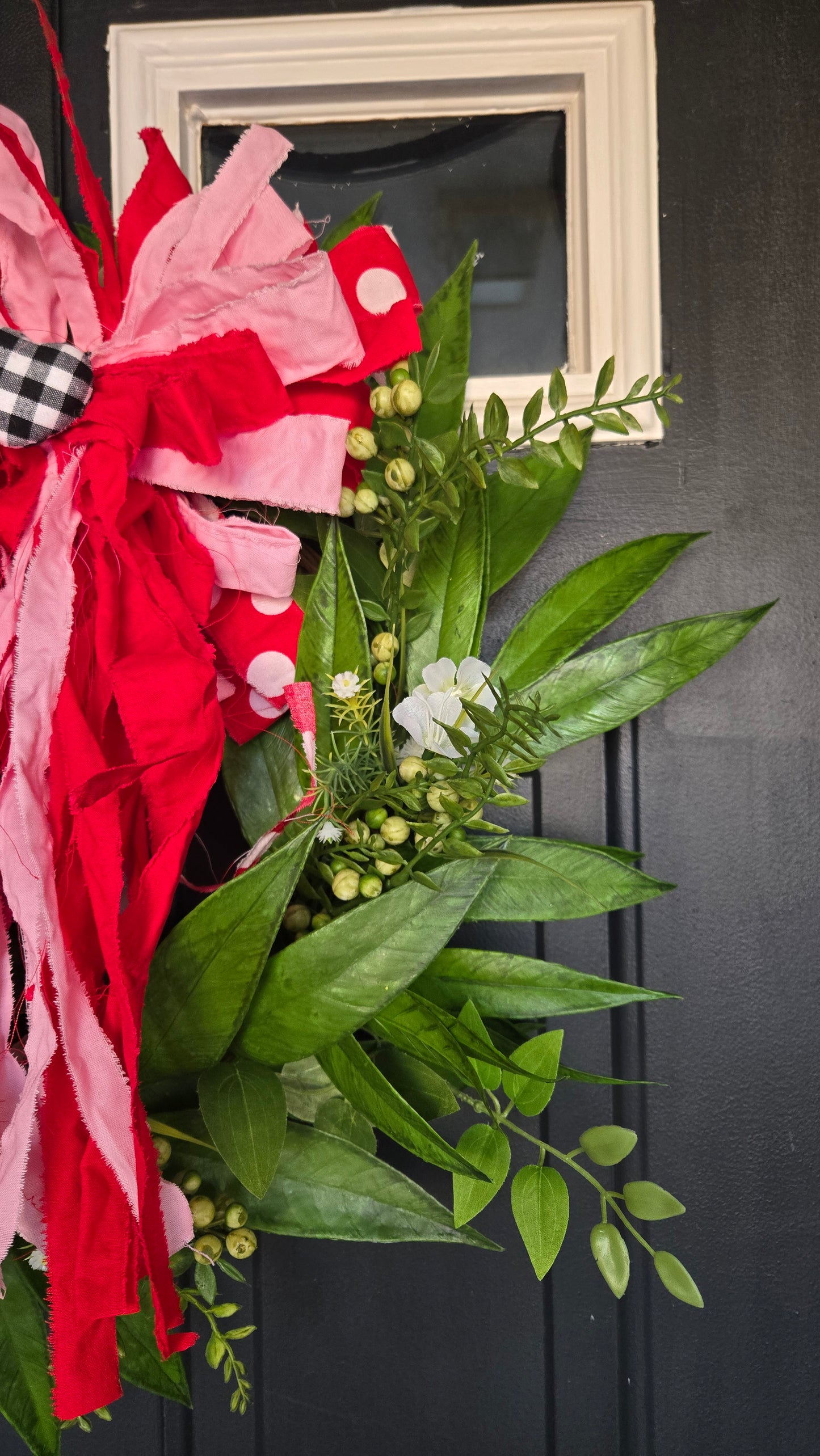 Valentine Greenery Wreath with Red & Pink Rag Bow | Farmhouse Front Door Decor | Everyday Spring Wreath