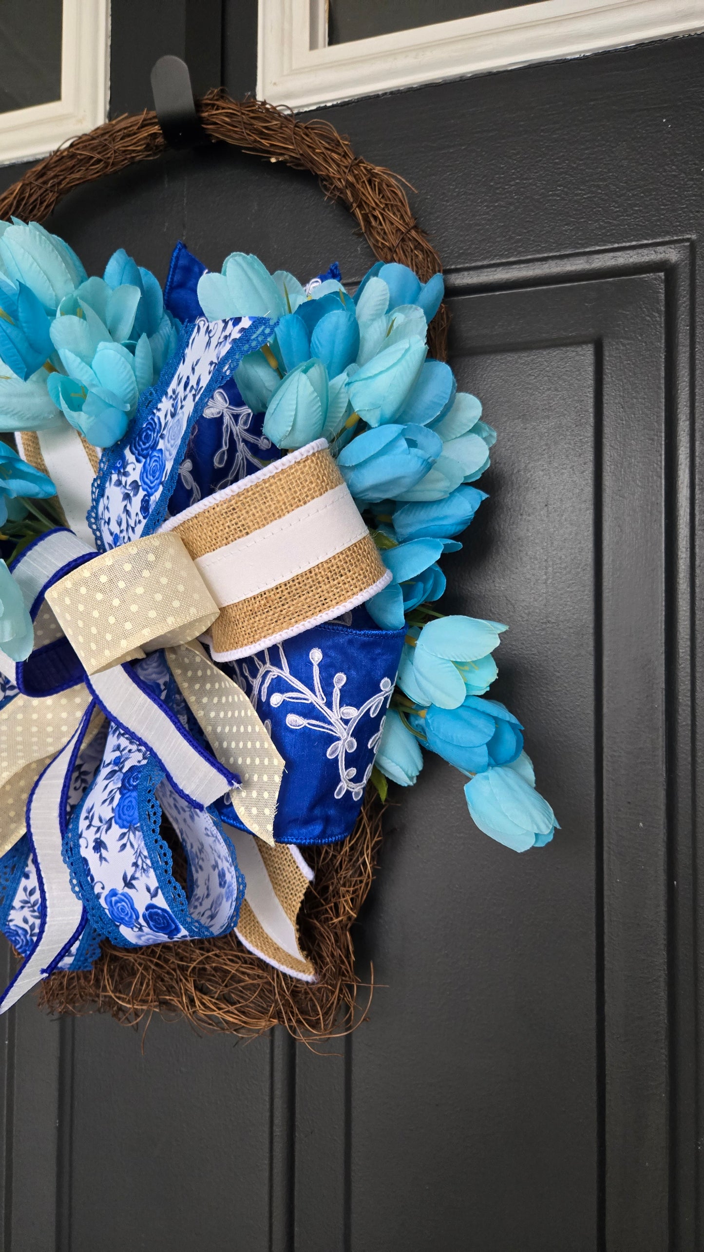 Blue Spring Tulip Twig Basket Wreath | Farmhouse Front Door Decor | Blue & White Floral Door Hanger | Everyday Spring Wreath