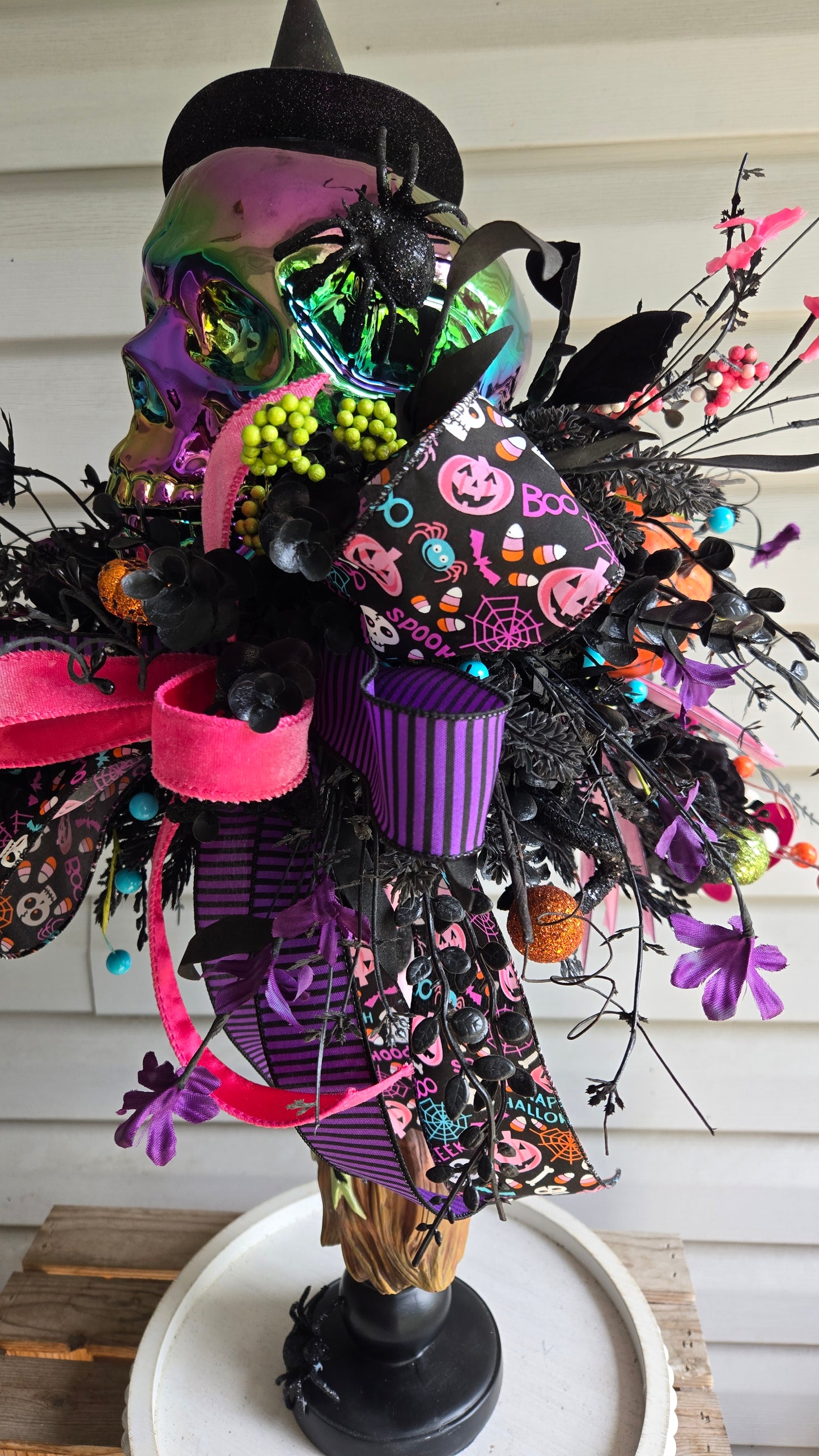 Halloween Witches Broom Skull Centerpiece | Colorful Witch Hat Table Decor | One-of-a-Kind Spooky Arrangement