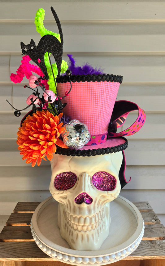 Halloween Skull Decor - Candy Dish or Planter Removable Skelly Top Hat with Black Cat, Disco Pumpkin, Wreath Attachment Option, Funky Decor