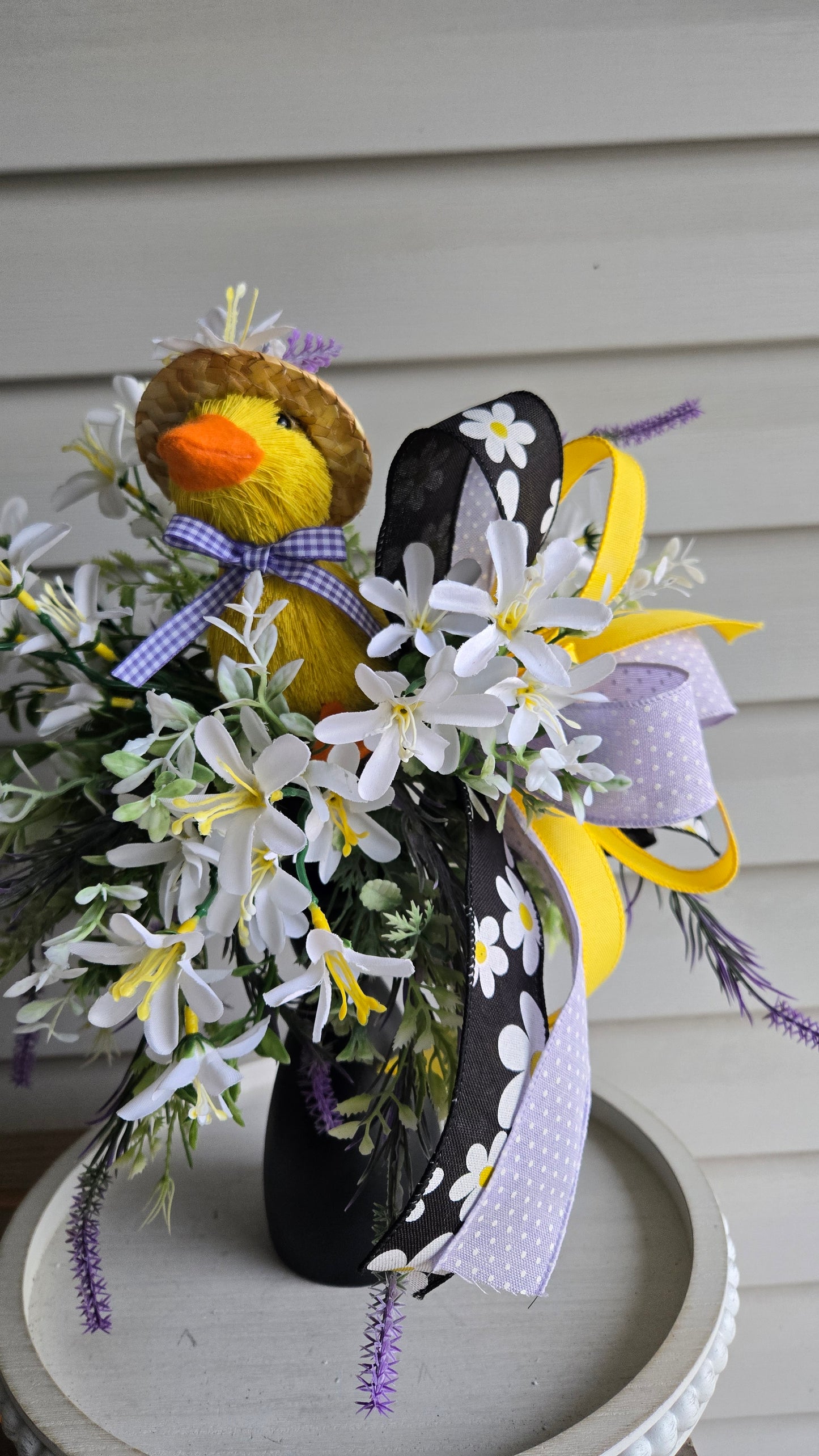 Easter Duck Candlestick Arrangement | Spring Floral Centerpiece with Duck Figurine, Farmhouse Easter Decor