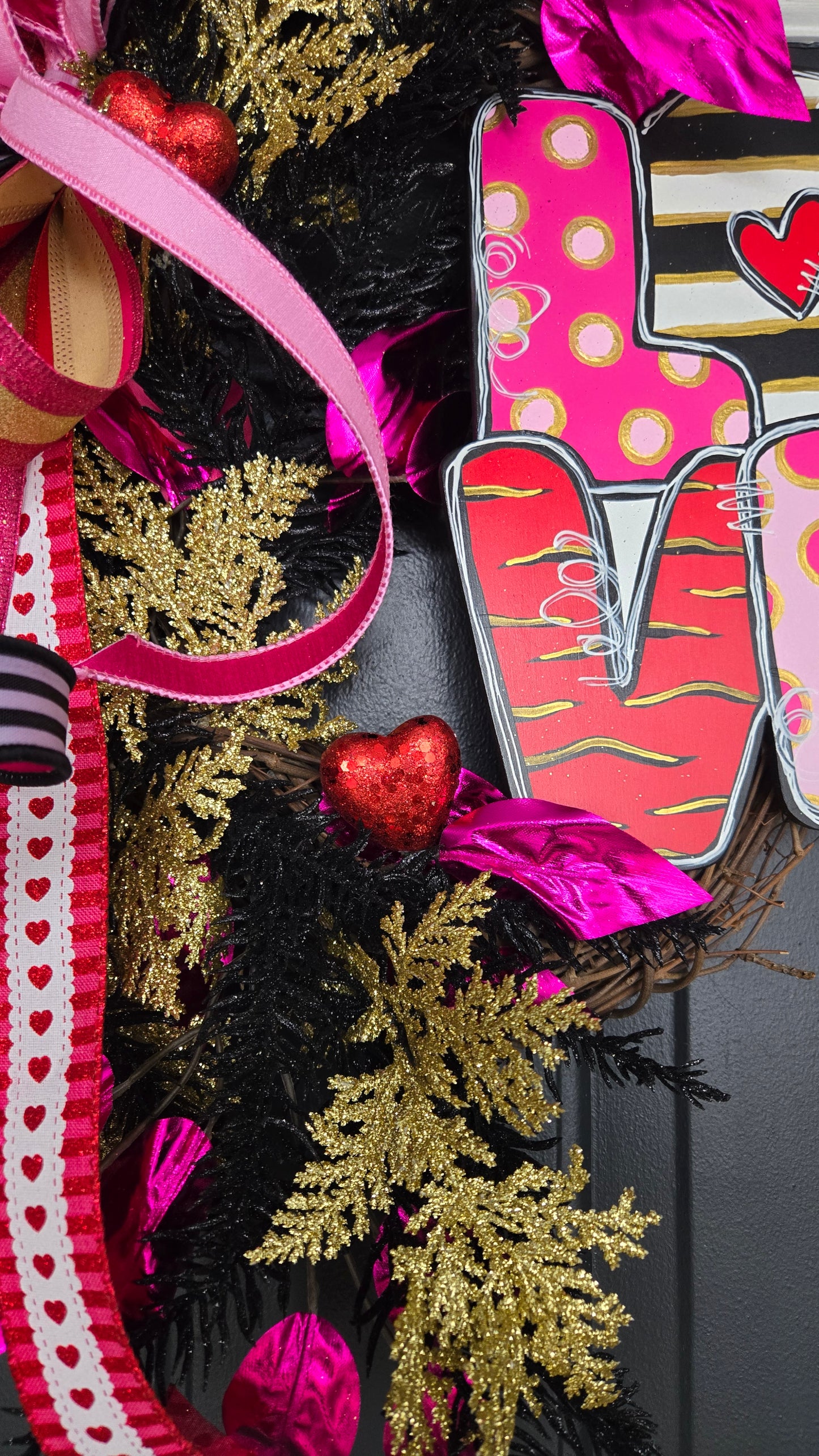 Glam Valentine's Wreath - Pink Red & Gold Valentine Door Decor with LOVE Sign