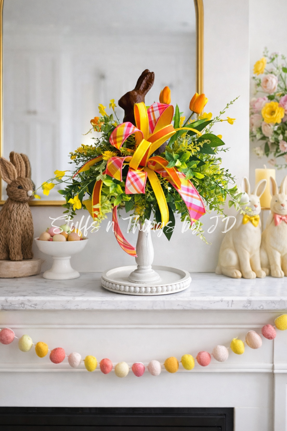 Chocolate Bunny Candlestick Easter Centerpiece | Spring Floral Arrangement with Tulips