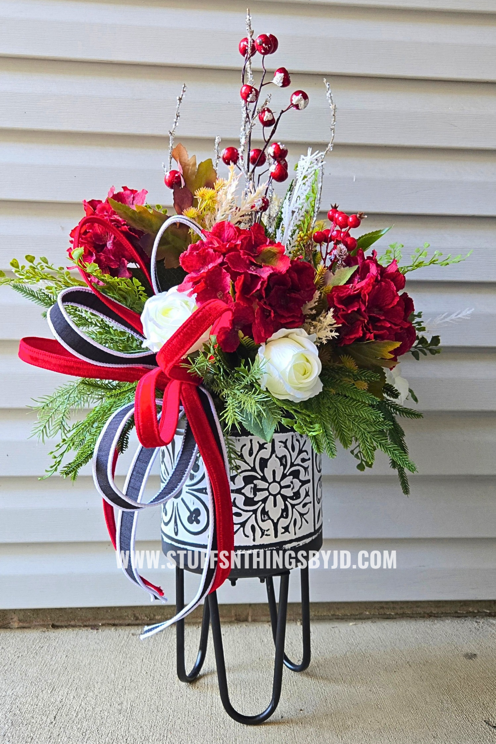 Style That Spot Crimson & Evergreen Floor Arrangement | Black, White & Red Holiday Plant Stand