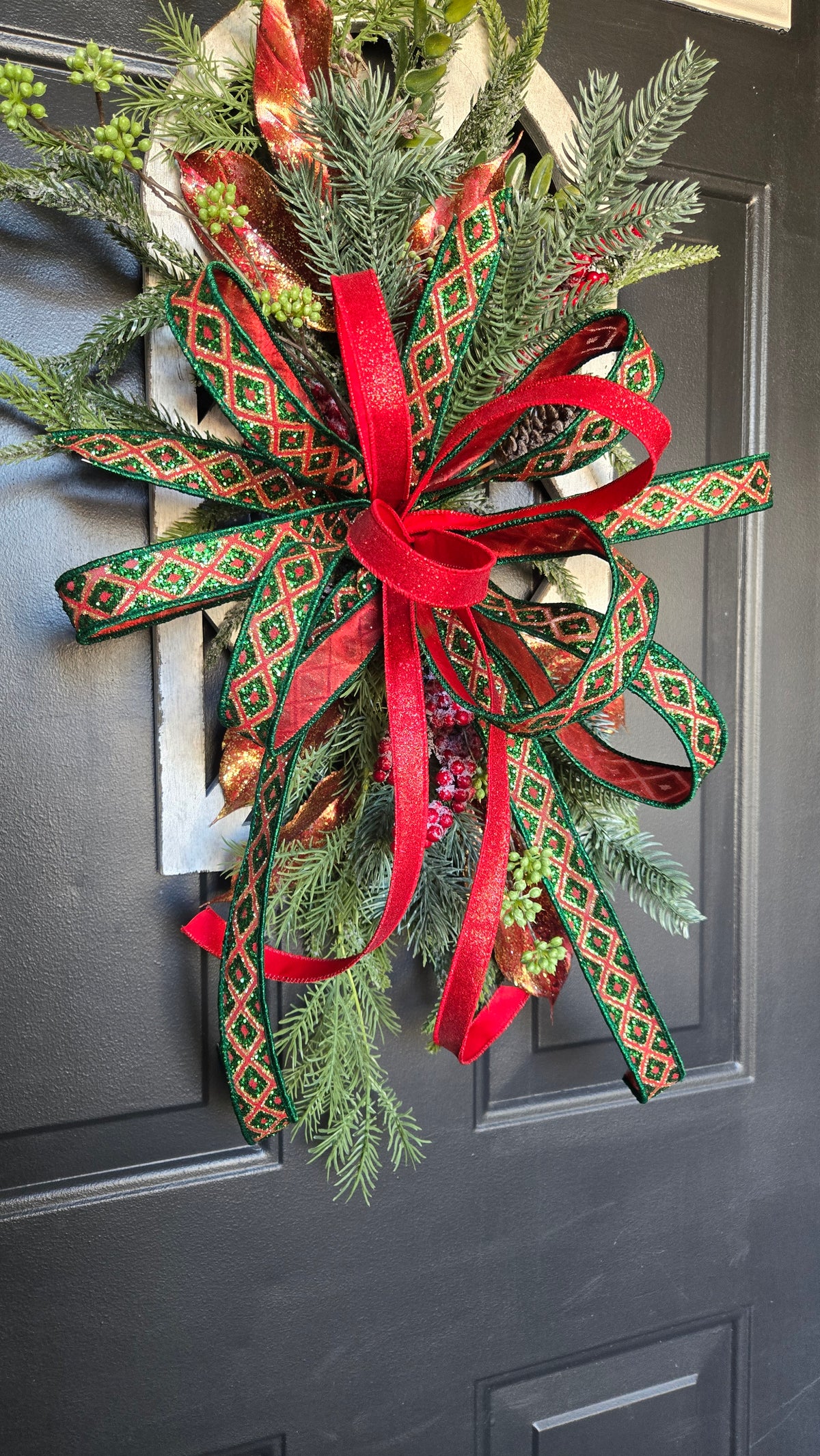 Christmas Window Pane Hanger, Red & Green Holiday Greenery Door & Wall Décor, Holiday Wall Hanging