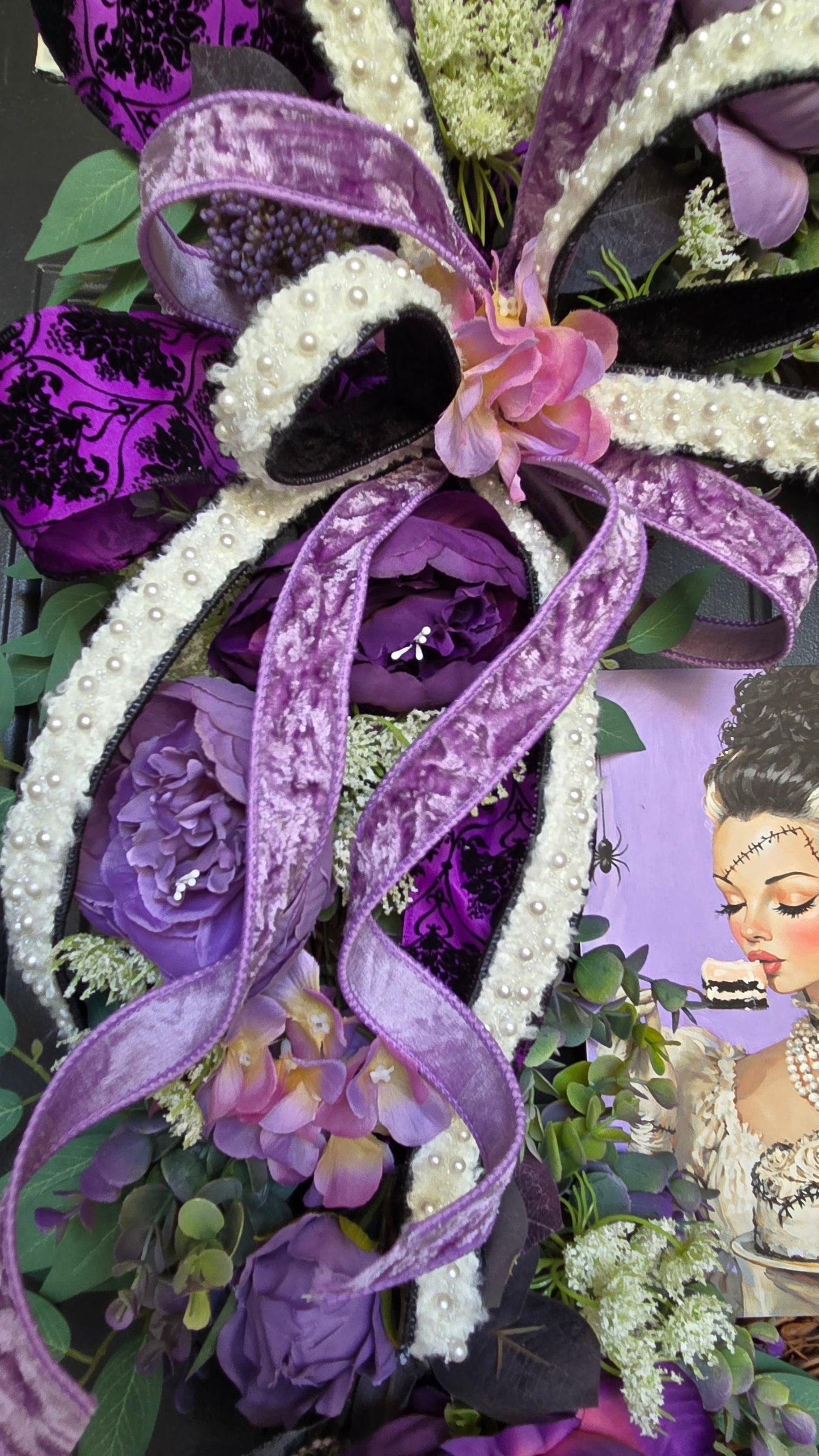 Glam Romantic Bride - Purple Floral Grapevine Wreath with Velvet Ribbon & Gothic Art Accent