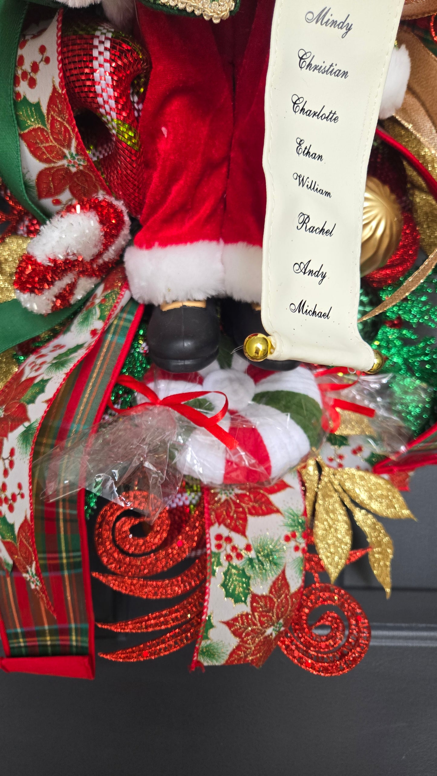 Santa Claus Christmas Swag – Holiday Door Swag with Santa Figurine, Ribbons, Candy Canes & Ornaments