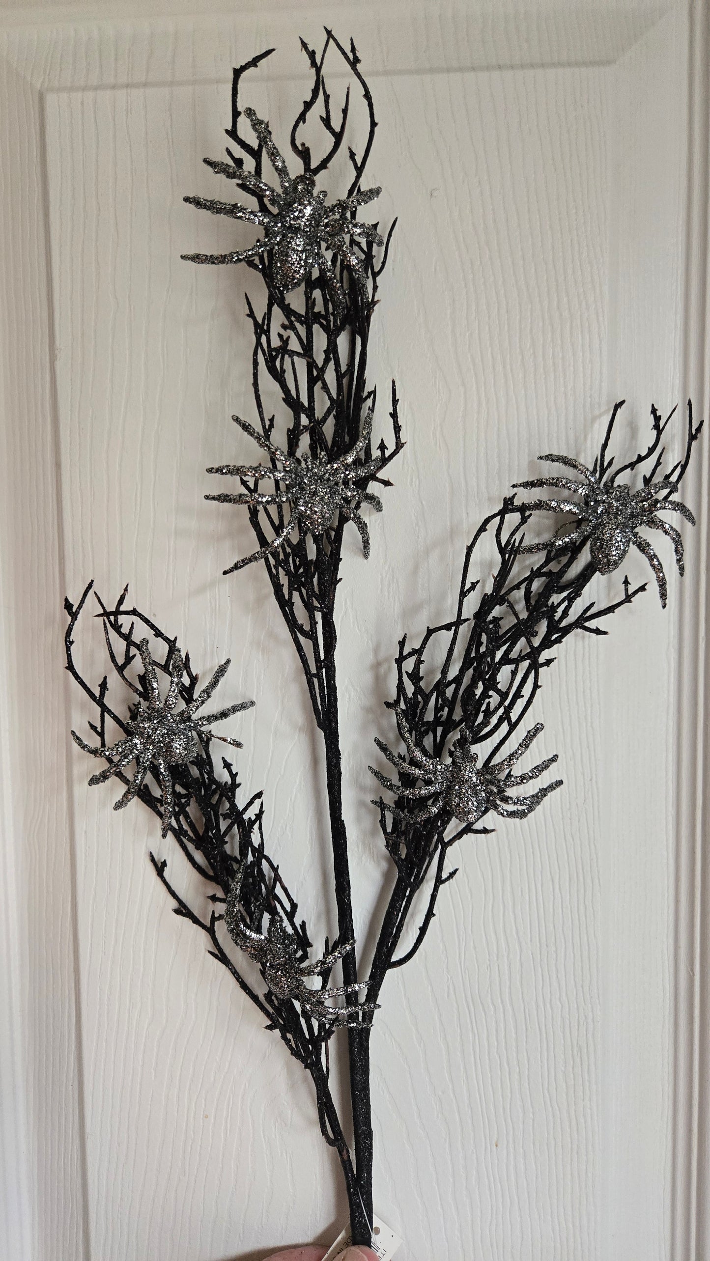 30" Black Twig Spray with Silver Spiders