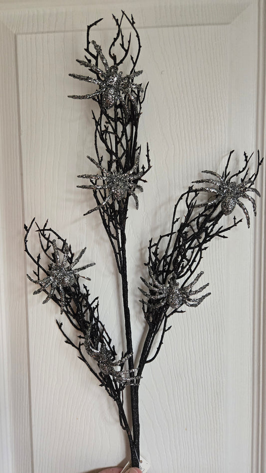 30" Black Twig Spray with Silver Spiders