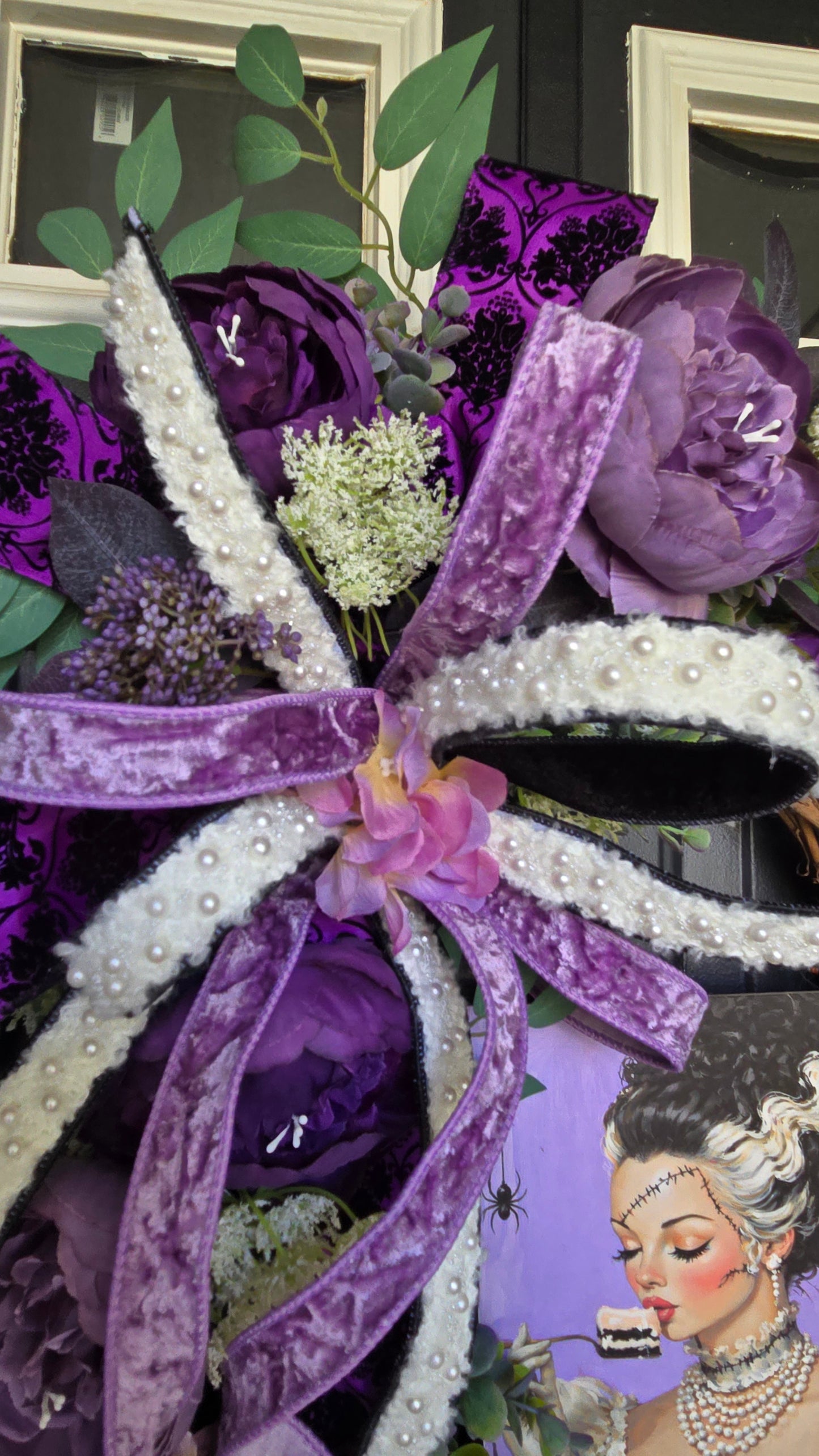 Glam Romantic Bride - Purple Floral Grapevine Wreath with Velvet Ribbon & Gothic Art Accent