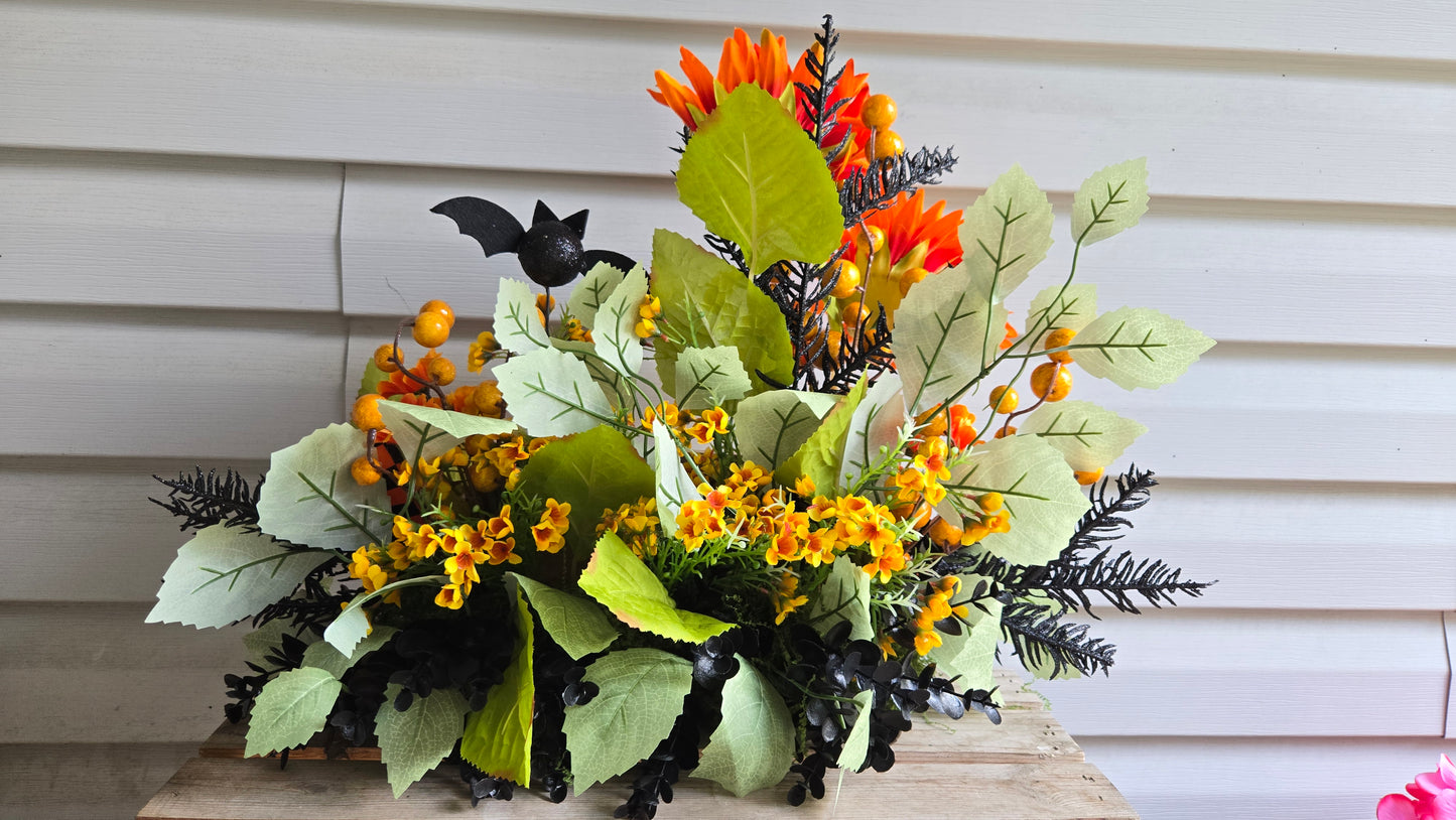We're All a Little Batty Halloween Sunflower Floral Arrangement | Halloween Table Centerpiece