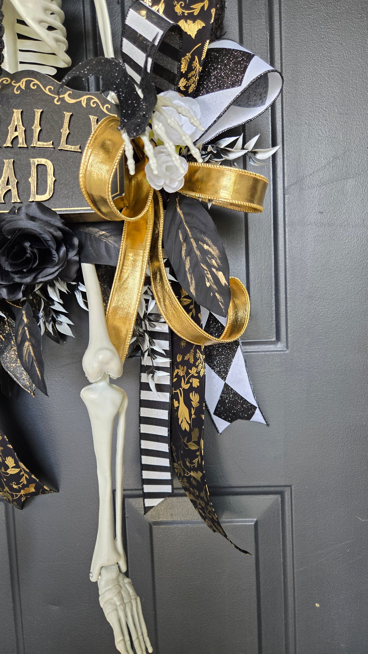 Literally Dead Skeleton Halloween Door Wreath | Large Black, White & Gold Gothic Halloween Decor