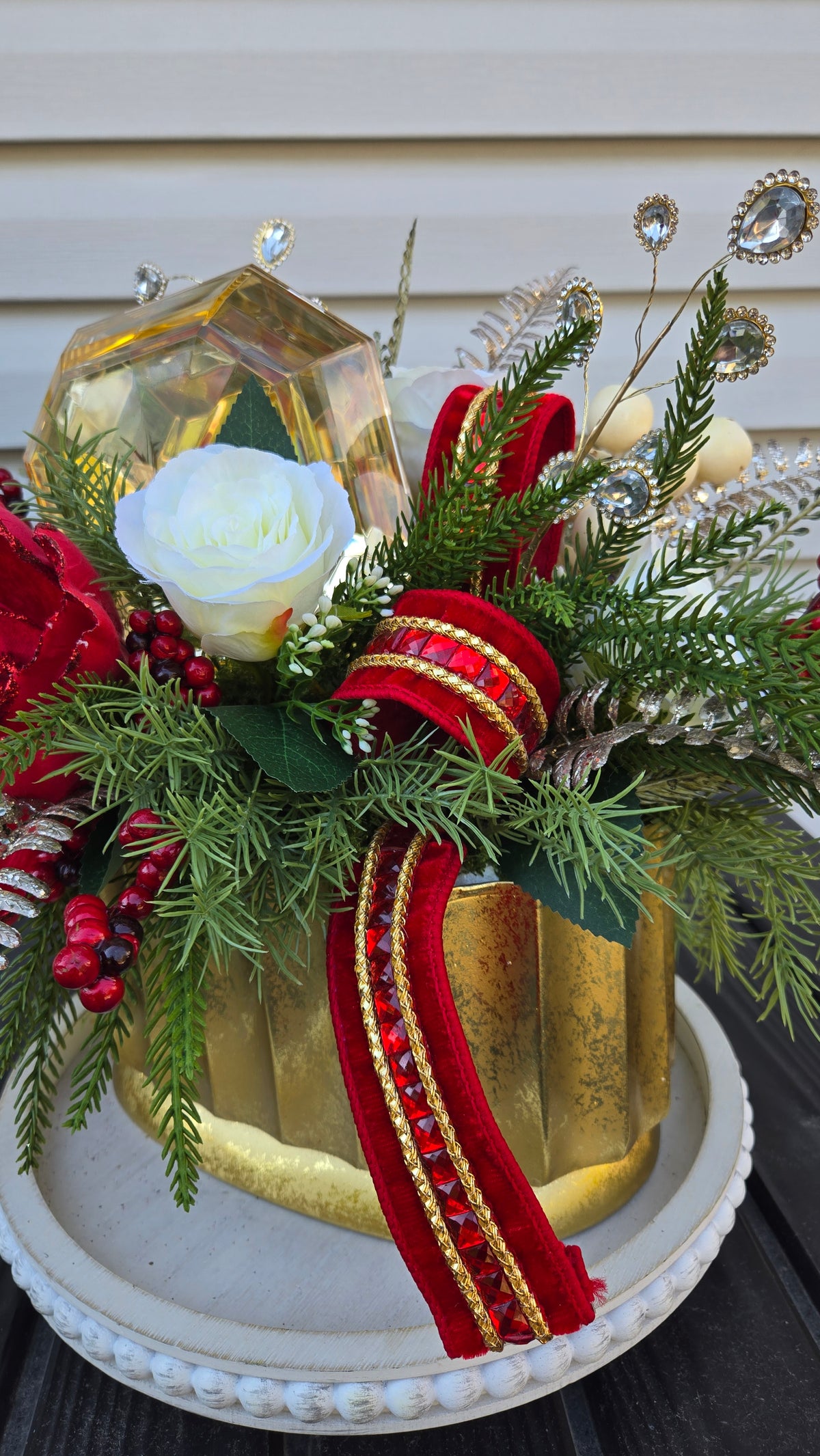 Red & Gold Christmas Floral Centerpiece | Magnolia Holiday Arrangement | Luxury Table Decor