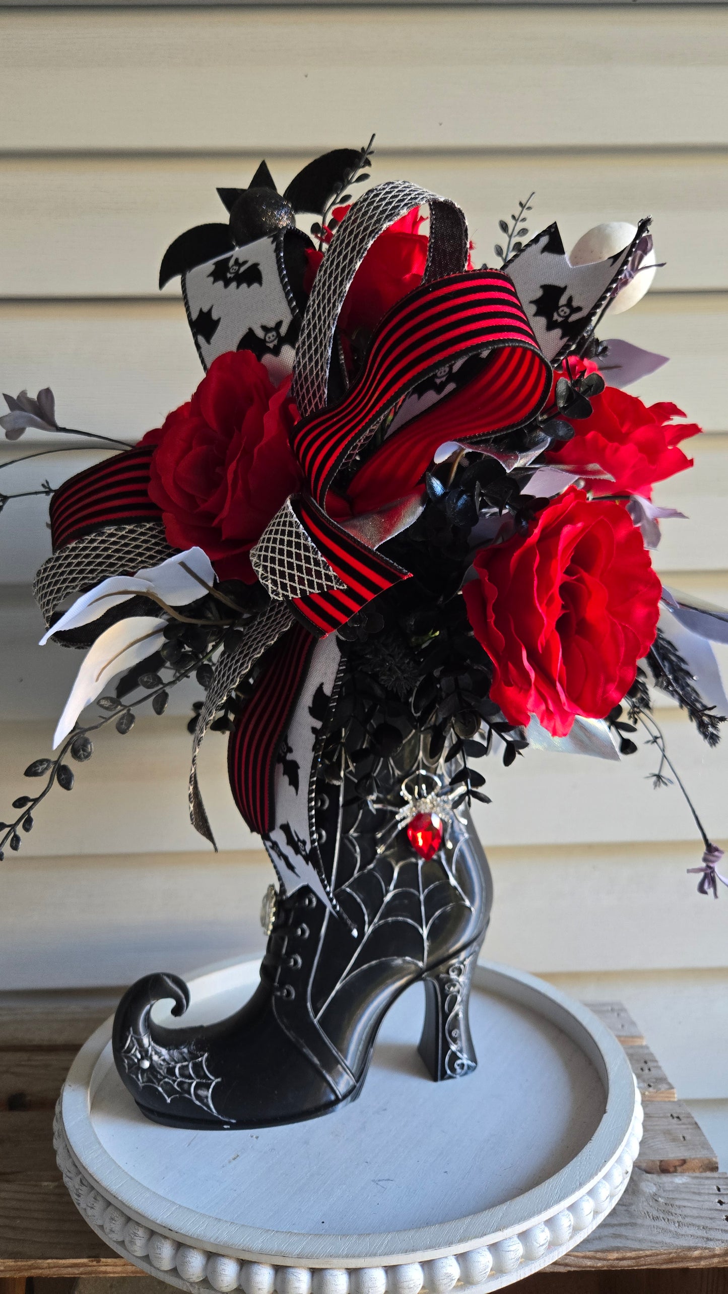 Whimsical Witch Boot Floral Arrangement | Gothic Halloween Centerpiece with Red Roses & Bats