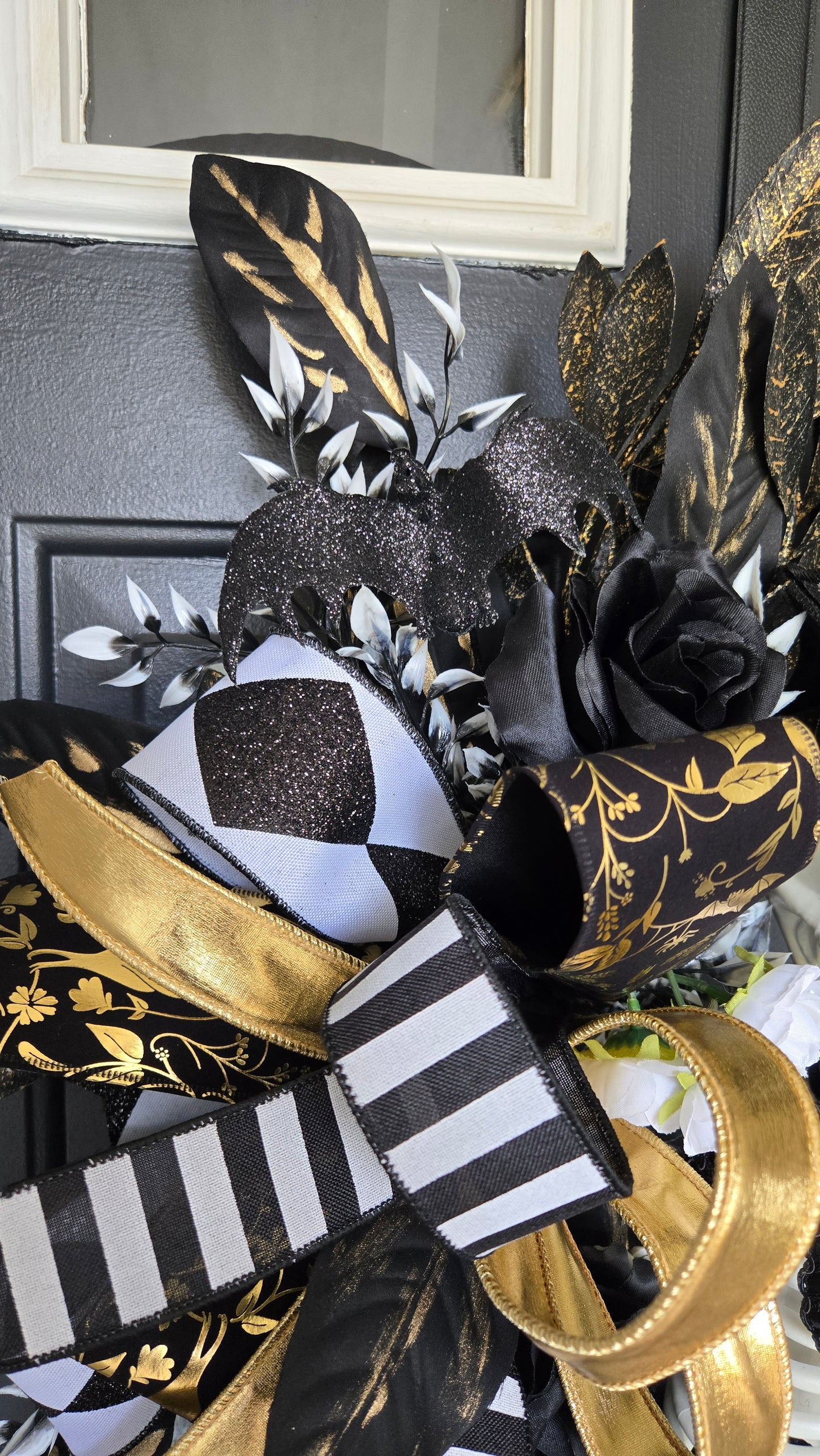 Literally Dead Skeleton Halloween Door Wreath | Large Black, White & Gold Gothic Halloween Decor