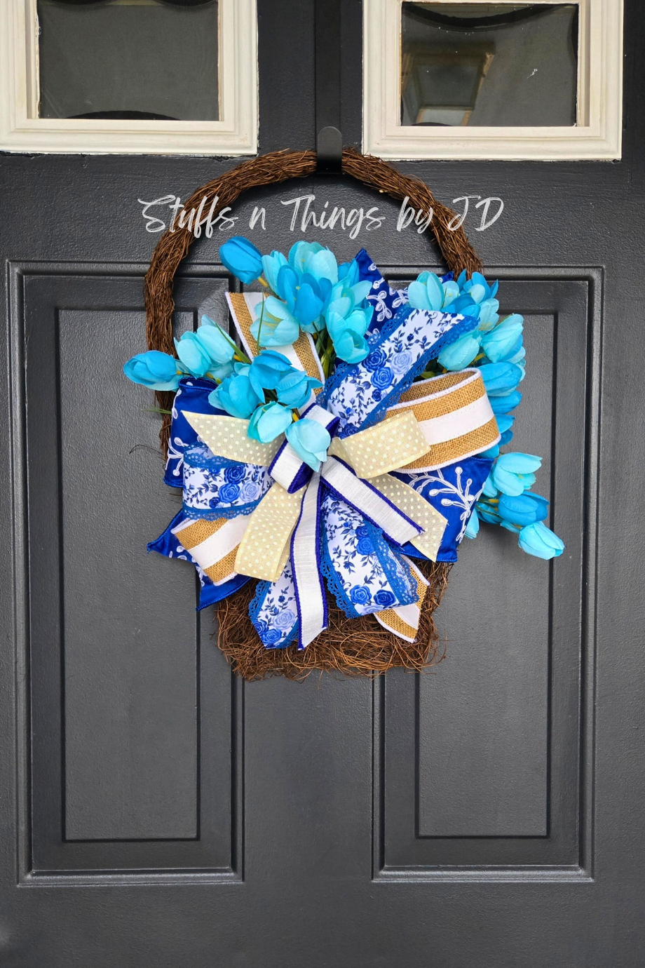 Blue Spring Tulip Twig Basket Wreath | Farmhouse Front Door Decor | Blue & White Floral Door Hanger | Everyday Spring Wreath