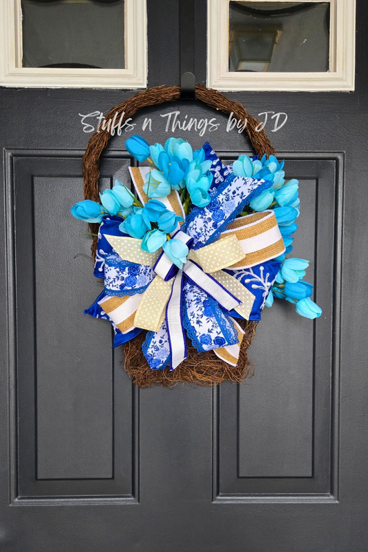 Blue Spring Tulip Twig Basket Wreath | Farmhouse Front Door Decor | Blue & White Floral Door Hanger | Everyday Spring Wreath
