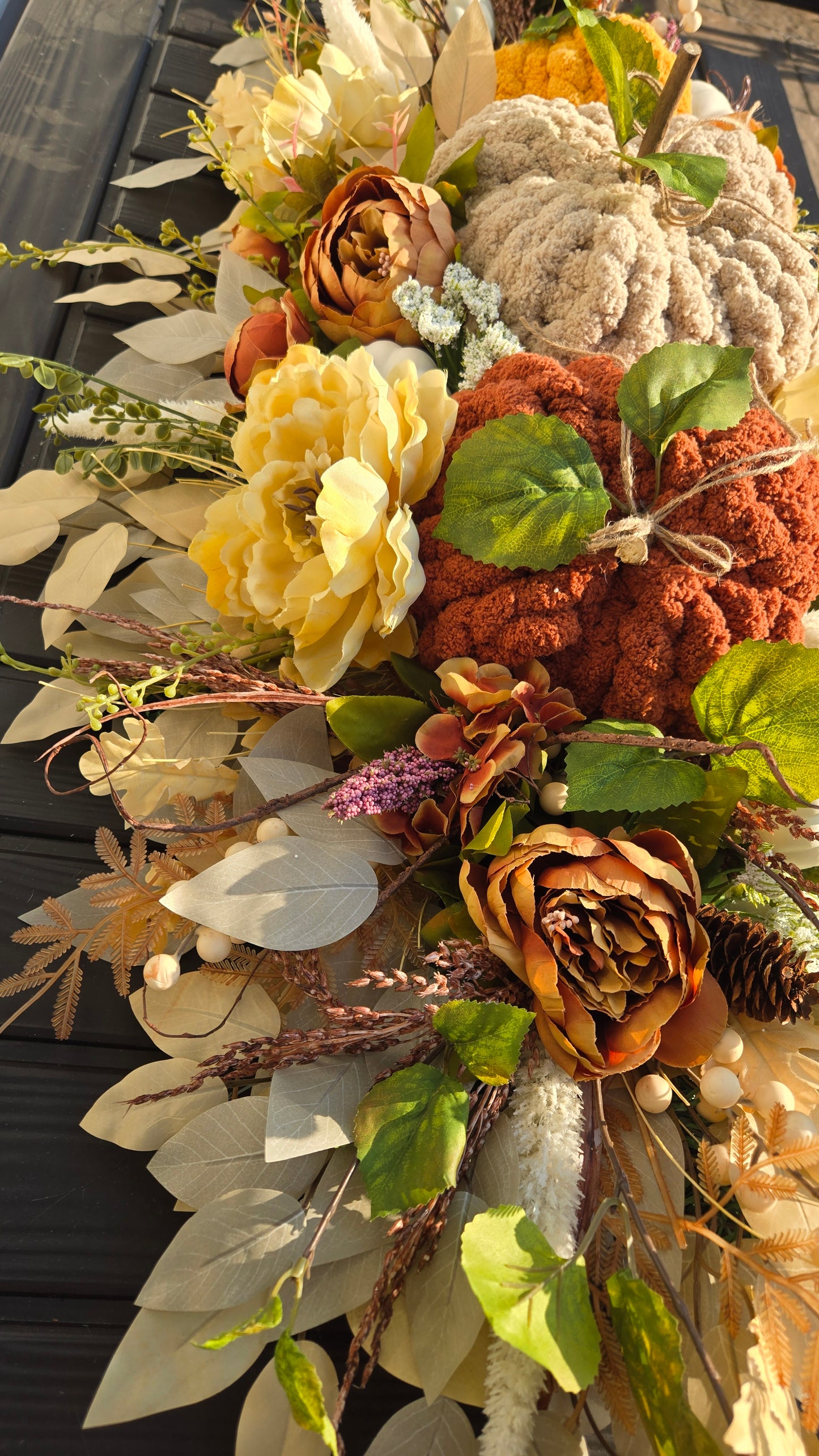 Fall Pumpkin Centerpiece or Door Swag – Rustic Harvest Décor with Handmade Knit Pumpkins
