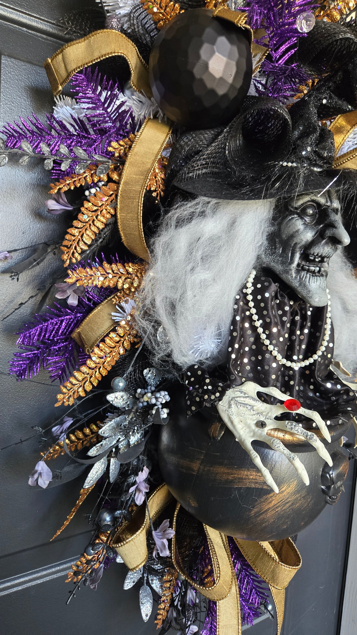 Creepy Witch Cauldron Halloween Swag – Spooky Purple, Black, Orange and Gold Door Décor