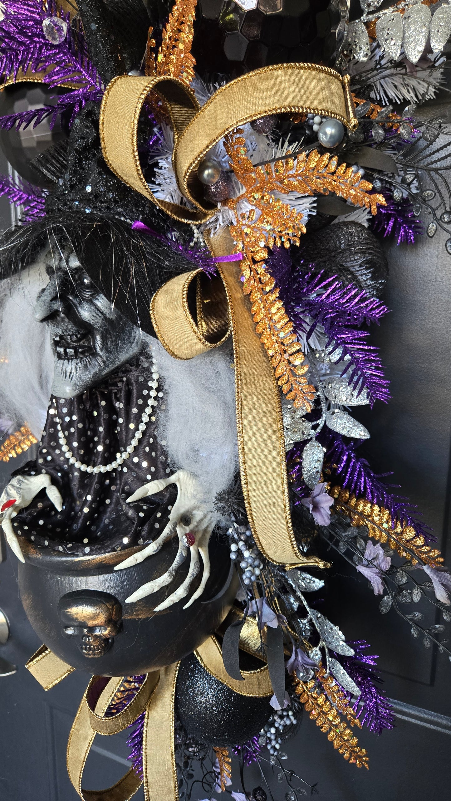 Creepy Witch Cauldron Halloween Swag – Spooky Purple, Black, Orange and Gold Door Décor