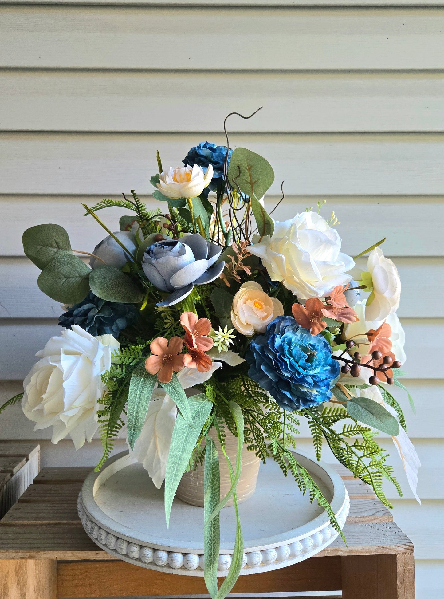Blue Ranunculus & Cream Rose Floral Arrangement in Ceramic Planter | 16" Luxury Centerpiece
