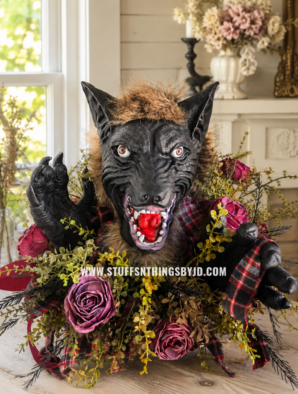 Romantic Gothic Werewolf Halloween Centerpiece | Animated Horror Floral Arrangement | One-of-a-Kind Decor