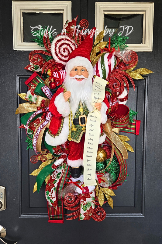 Santa Claus Christmas Swag – Holiday Door Swag with Santa Figurine, Ribbons, Candy Canes & Ornaments
