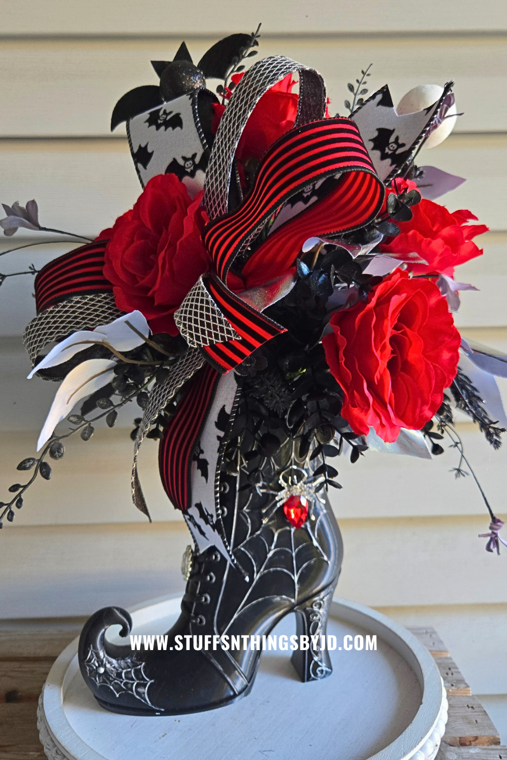Whimsical Witch Boot Floral Arrangement | Gothic Halloween Centerpiece with Red Roses & Bats