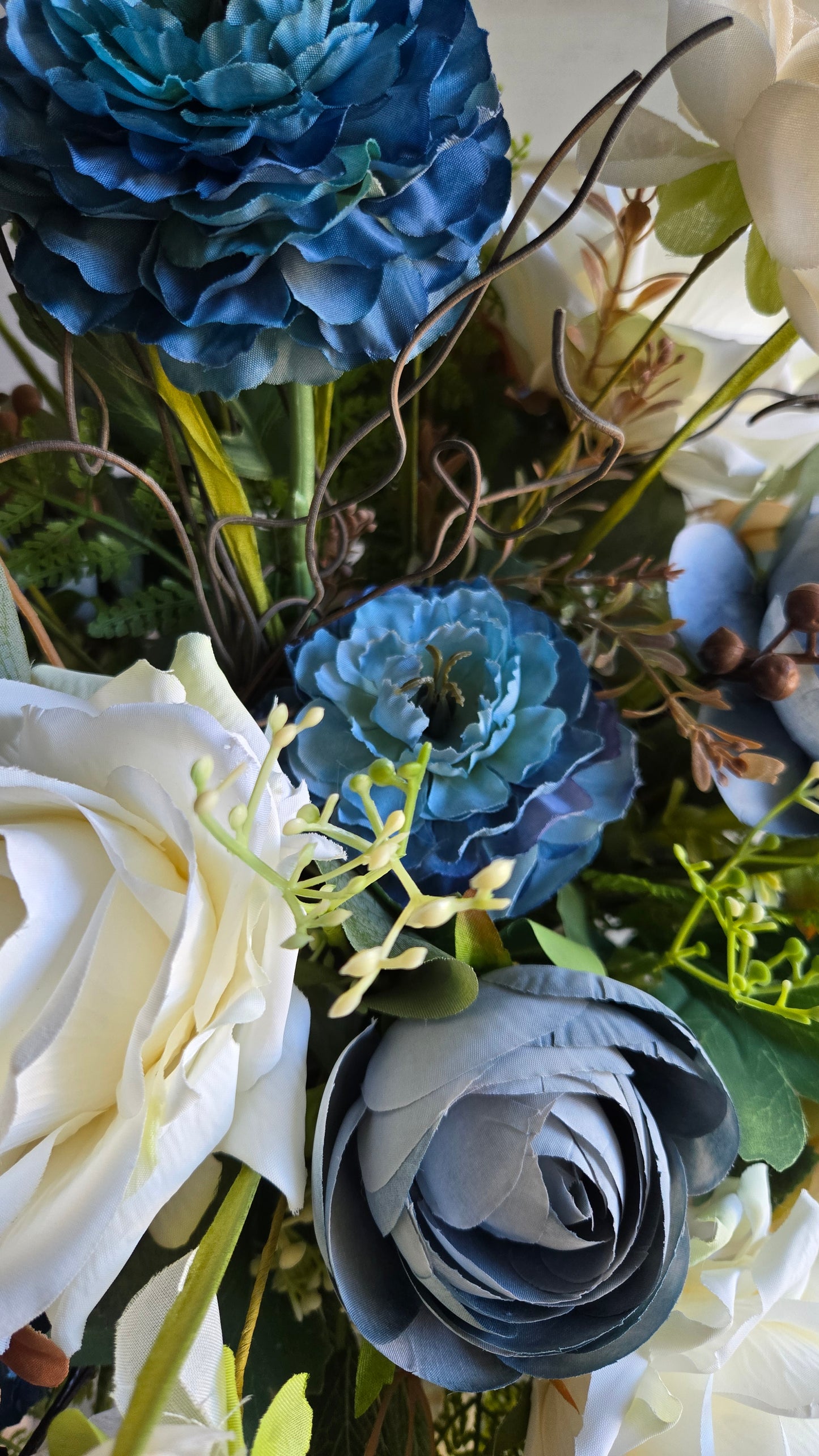 Blue Ranunculus & Cream Rose Floral Arrangement in Ceramic Planter | 16" Luxury Centerpiece