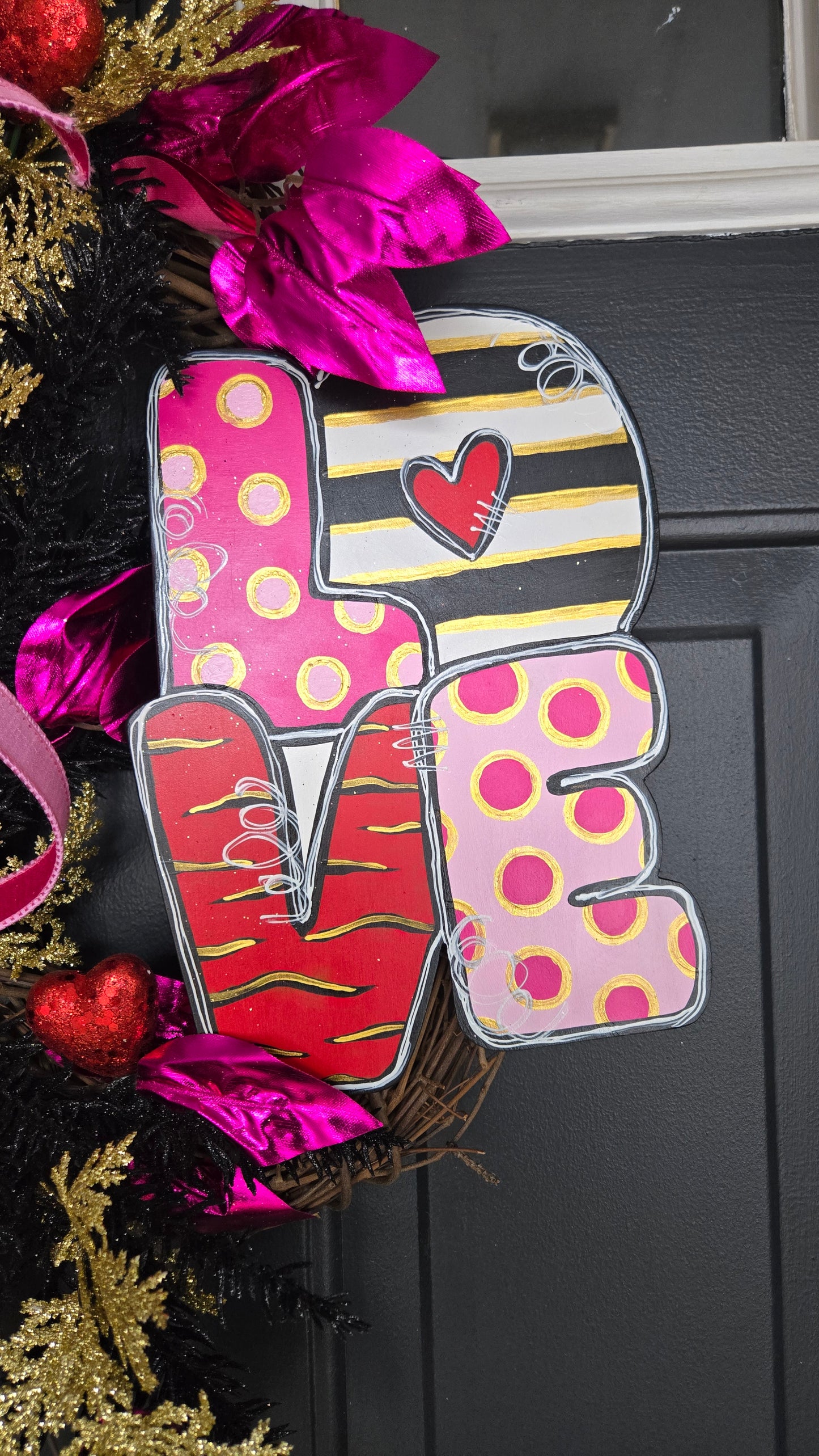Glam Valentine's Wreath - Pink Red & Gold Valentine Door Decor with LOVE Sign