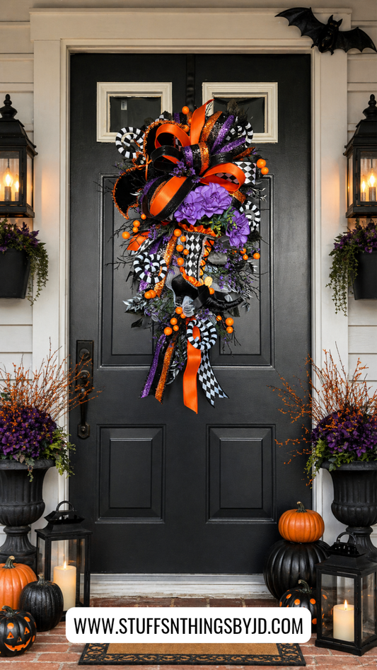 Witch Boot Halloween Swag – Black Orange Purple Front Door Wreath
