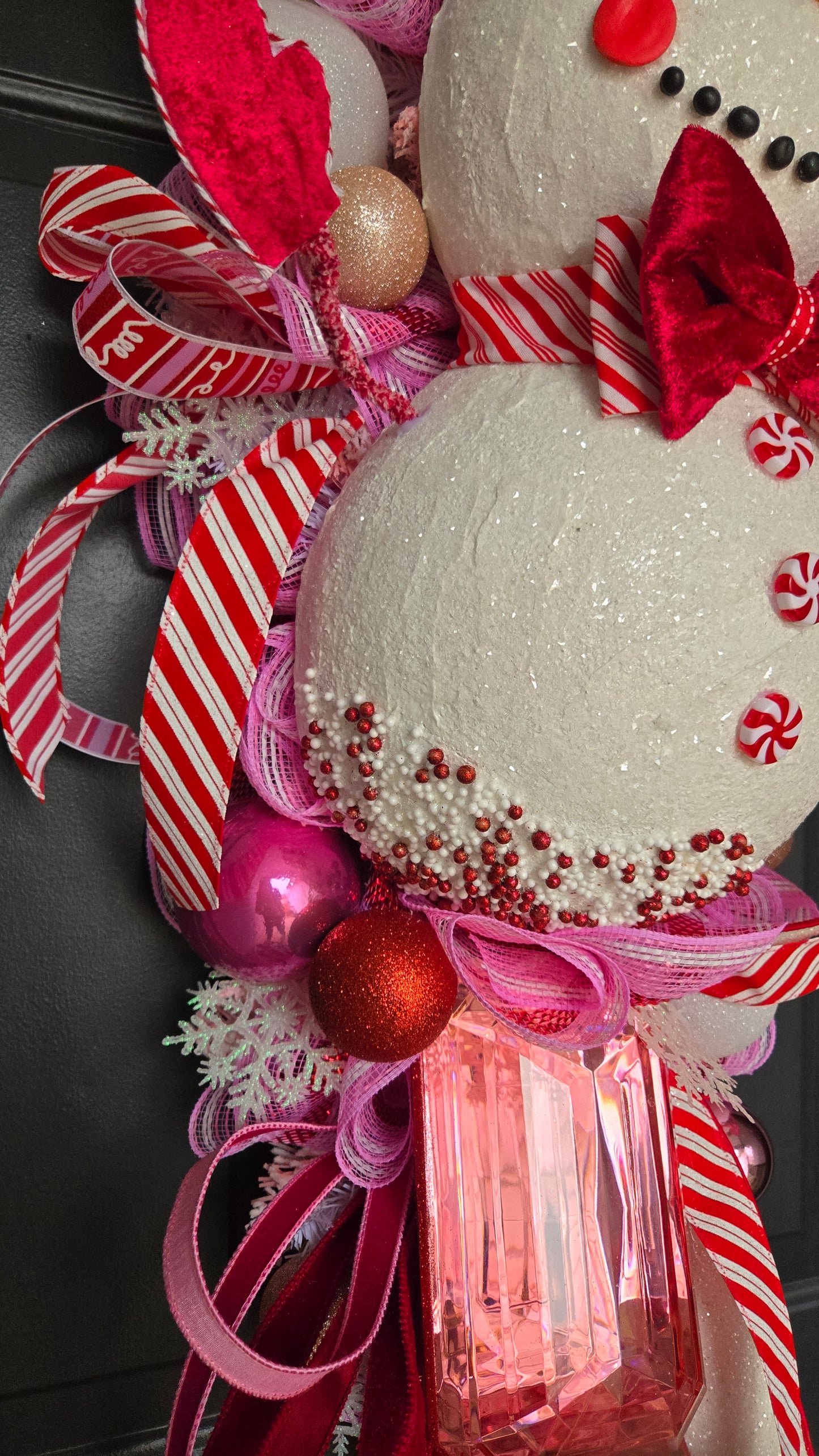 Pink Peppermint Snowman Swag – Winter Wreath Door Decor