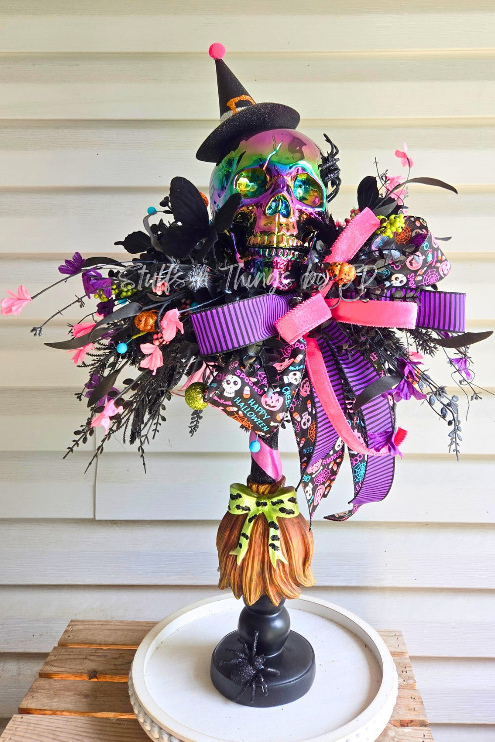 Halloween Witches Broom Skull Centerpiece | Colorful Witch Hat Table Decor | One-of-a-Kind Spooky Arrangement