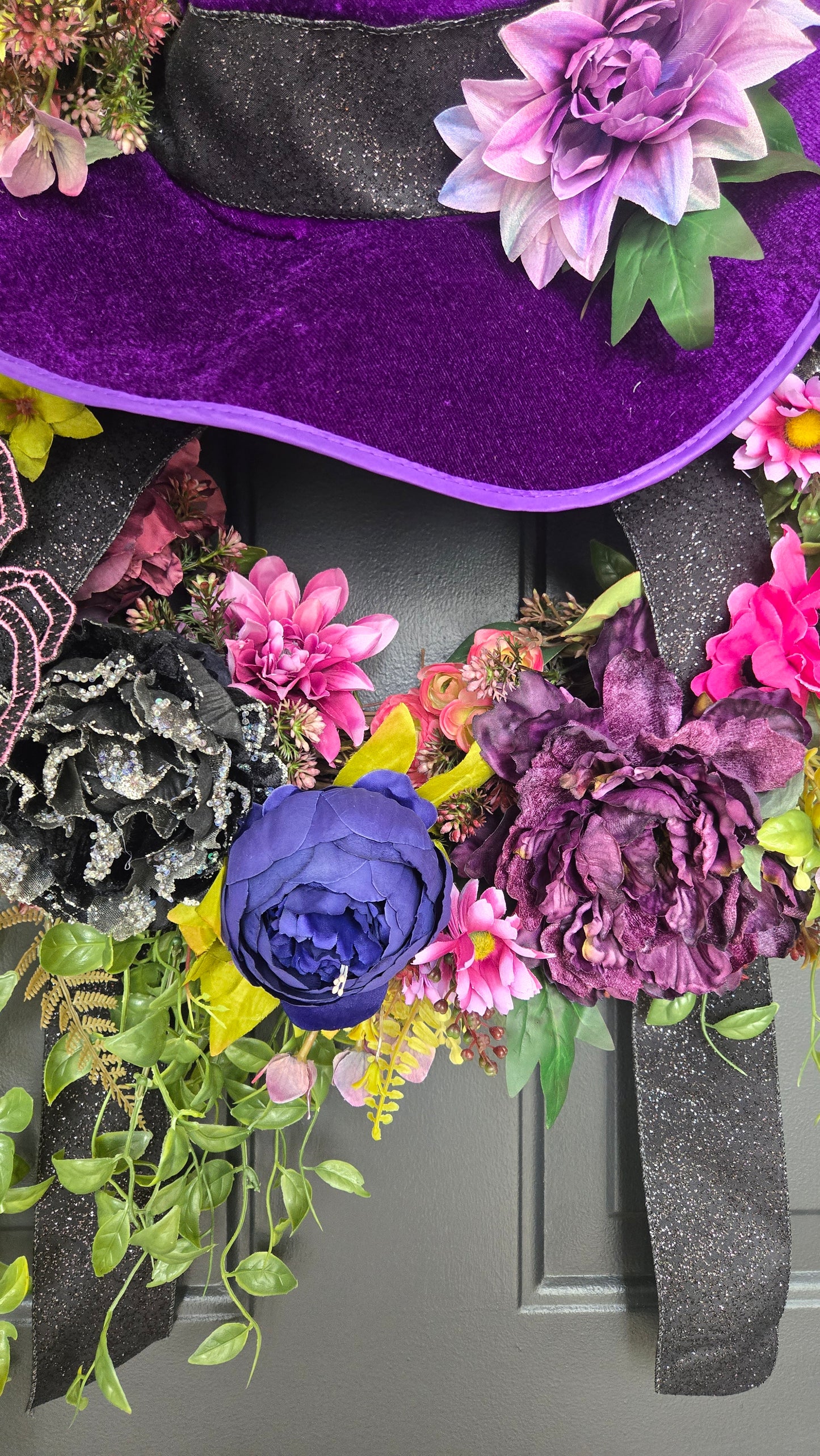 Halloween Wreath – Witch Hat Floral Grapevine Door Decor with Velvet Hat, Spiders, and Fall Blooms