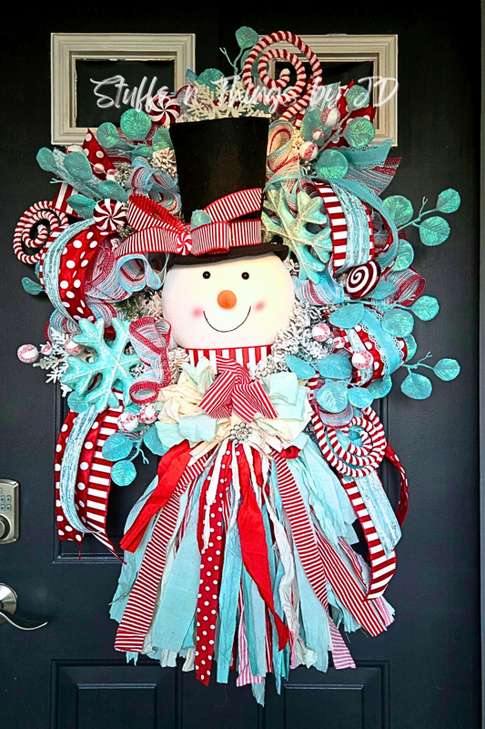 Whimsical Snowman Christmas Wreath with Rag Bow – Peppermint Holiday Door Decor in Red, White & Aqua