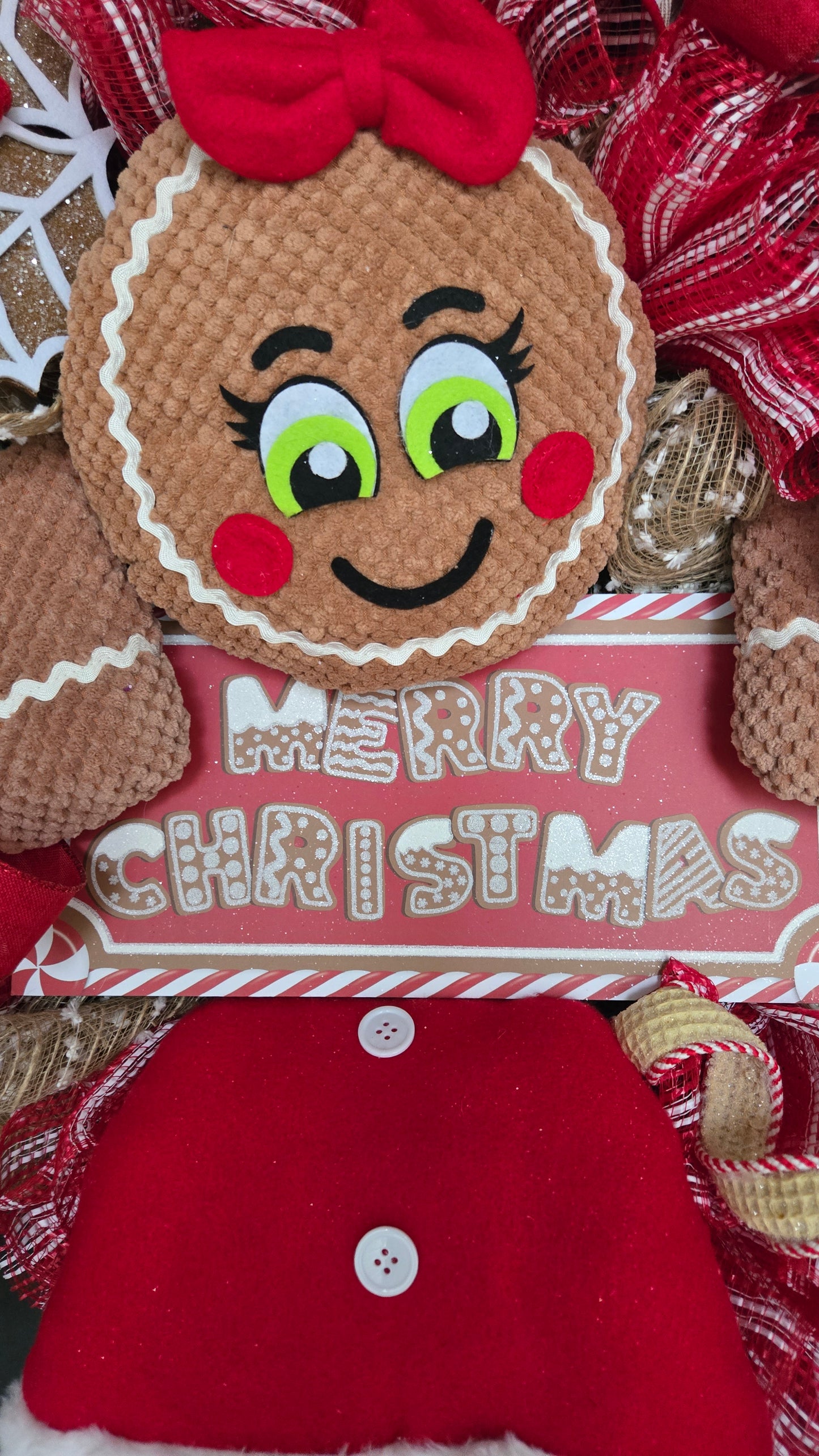 Whimsical Gingerbread Girl Christmas Wreath – Candy Cane Holiday Door Decor, Merry Christmas Mesh Wreath, Gingerbread Bakery Theme