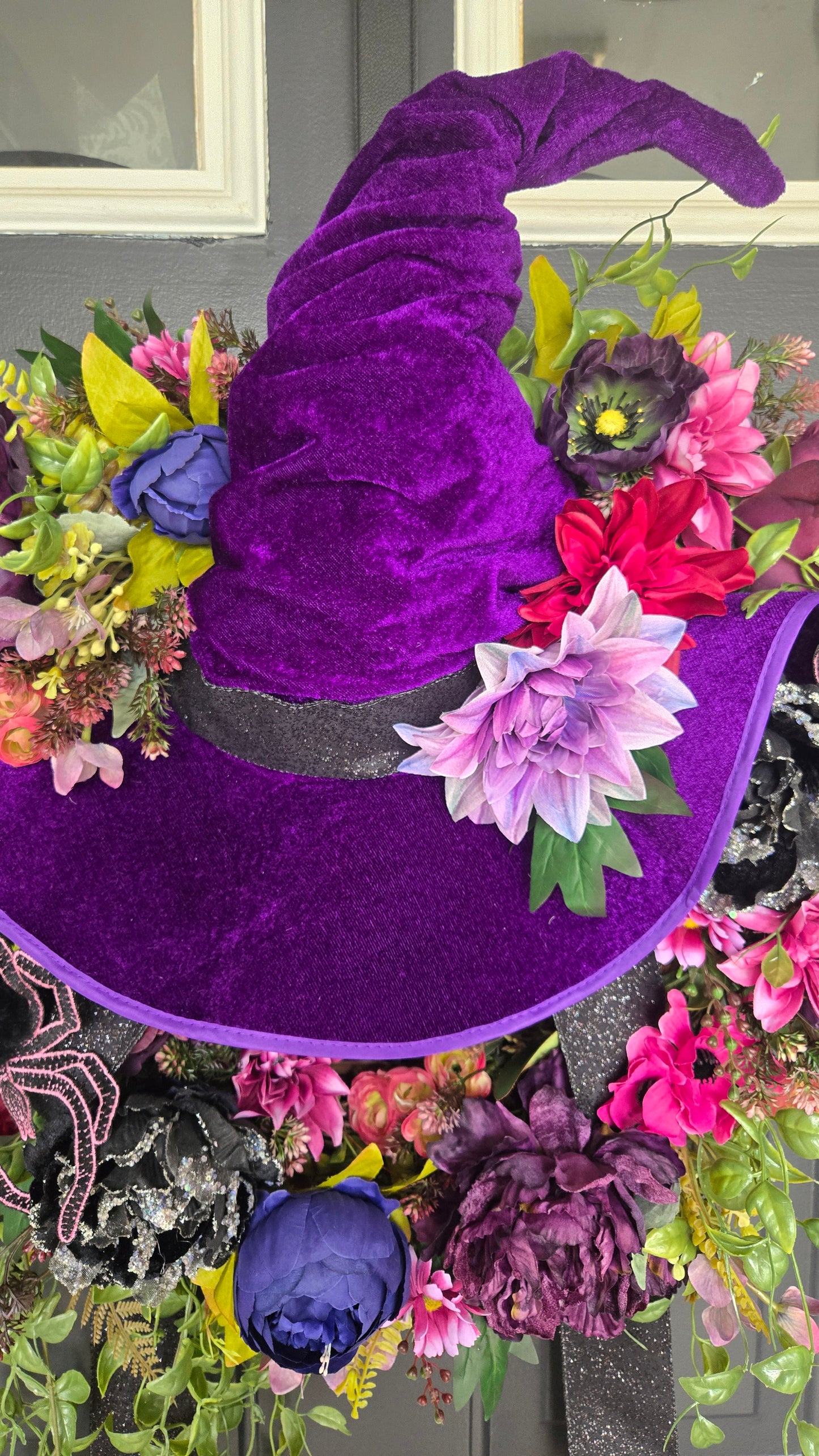 Halloween Wreath – Witch Hat Floral Grapevine Door Decor with Velvet Hat, Spiders, and Fall Blooms