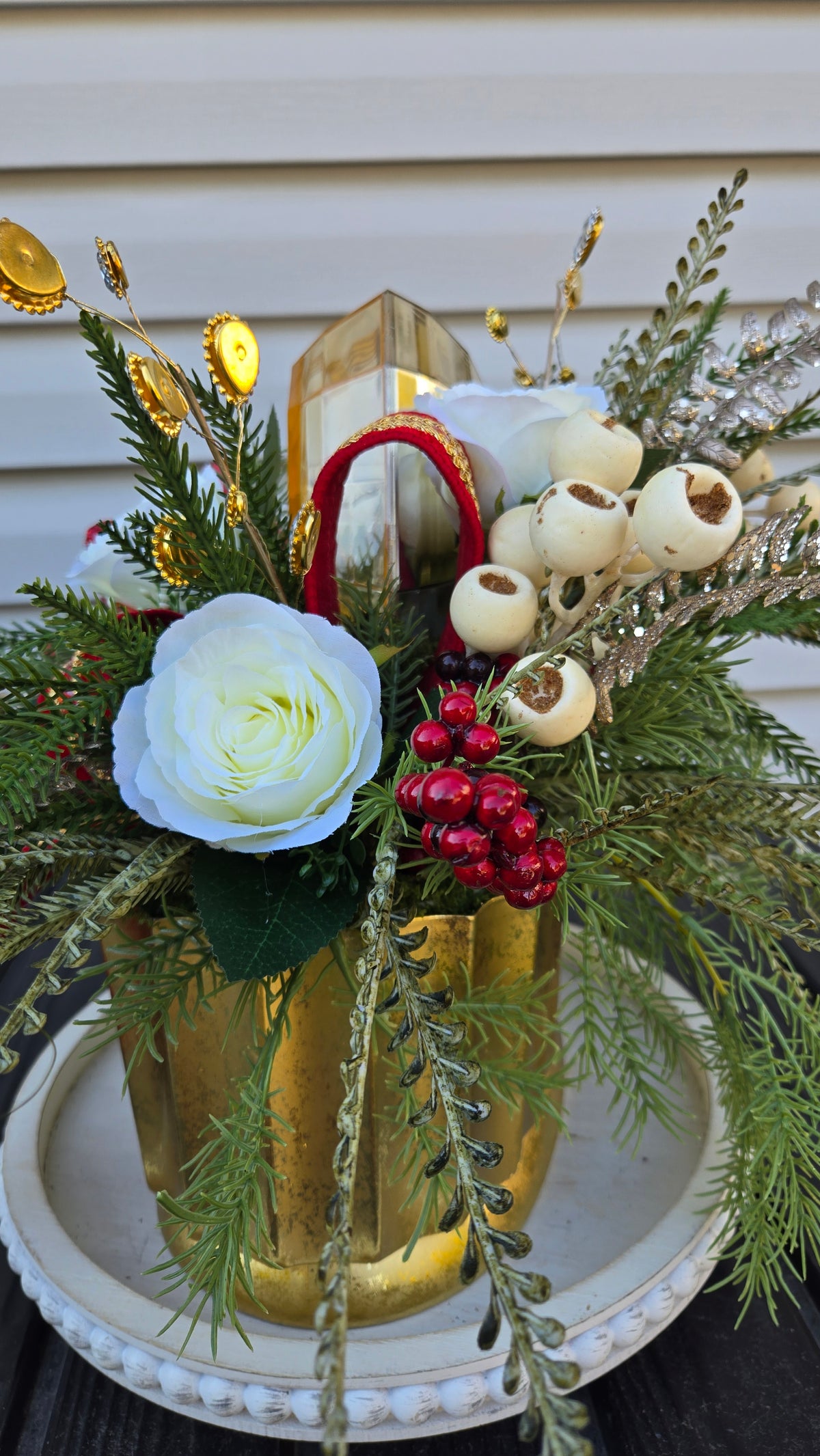Red & Gold Christmas Floral Centerpiece | Magnolia Holiday Arrangement | Luxury Table Decor