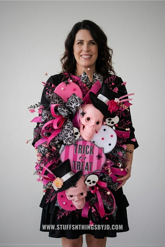 Halloween Swag Wreath – Pink & Black Skull Trick or Treat Door Hanger with Top Hats
